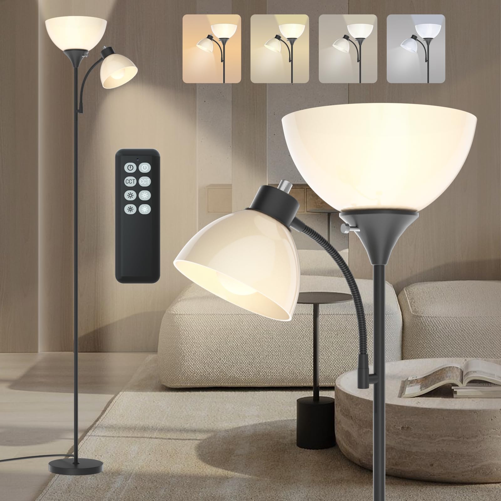GERGO Led Floor Lamp, Super Bright 11W+7W 2100LM Torchiere Floor Lamps for Living Room, Stepless Adjustable 4 Color Temperatures