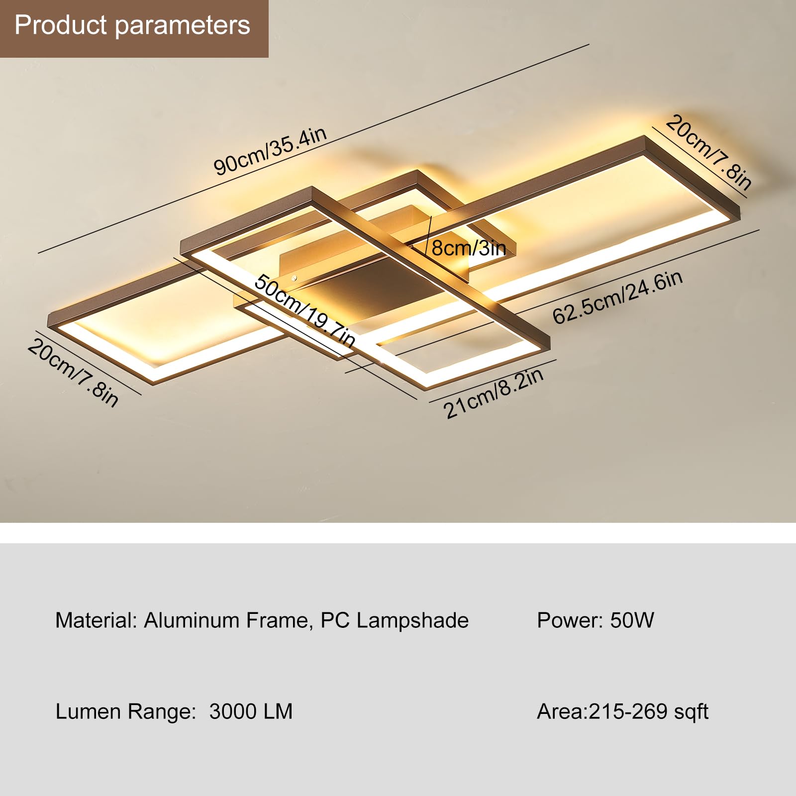 GEADI Modern Ceiling Light Fixture, Dimmable LED, 50W, 35.4in, Coffee, Model 17025C