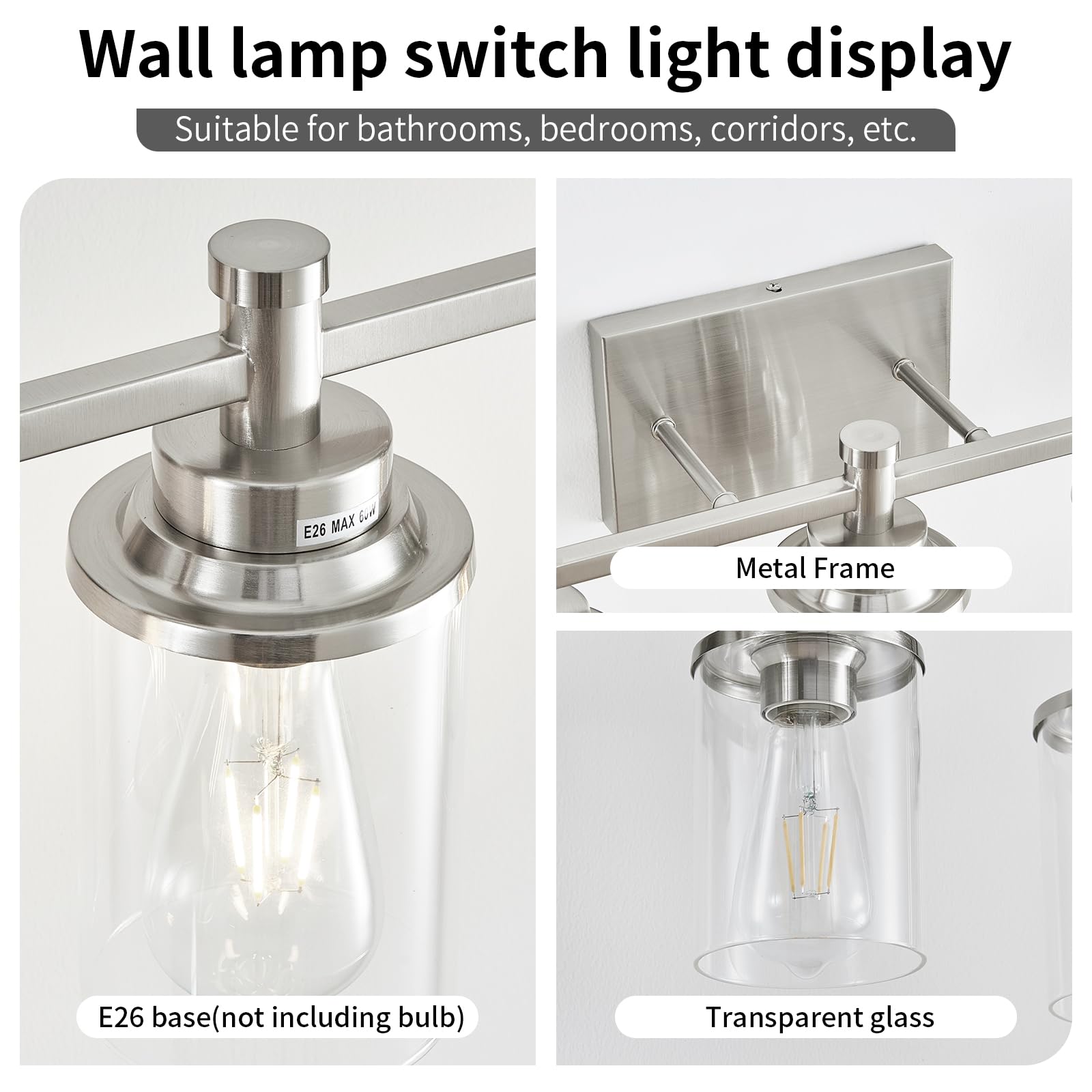 Aixialin 6-Light Bathroom Vanity Light, Brushed Nickel Bathroom Lights Fixtures Over Mirror, Vanity Lights Wall Mount With Clear