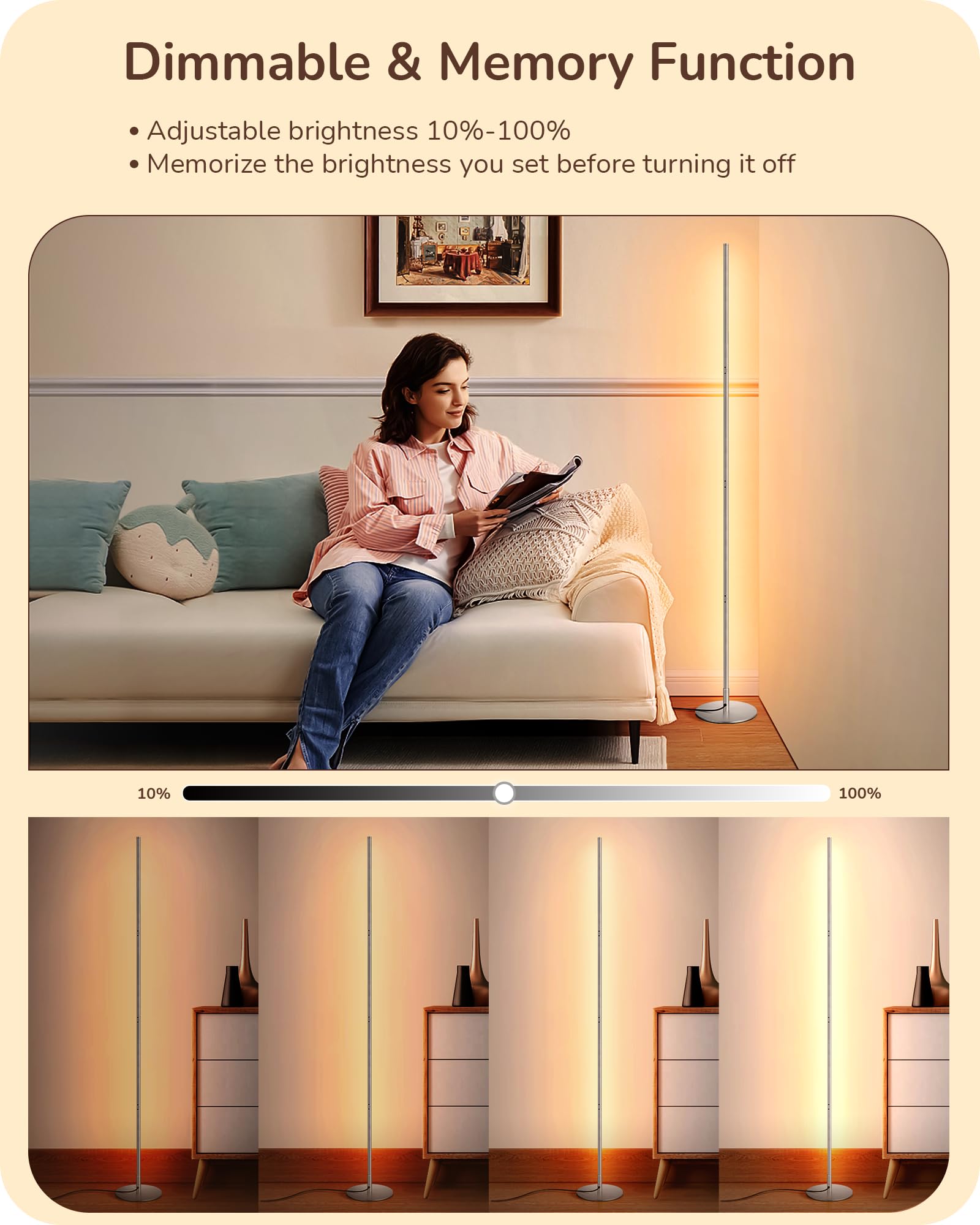 Edishine Led Corner Floor Lamp - Dimmable, Adjustable Height, 3000K Warm White Light, Silver