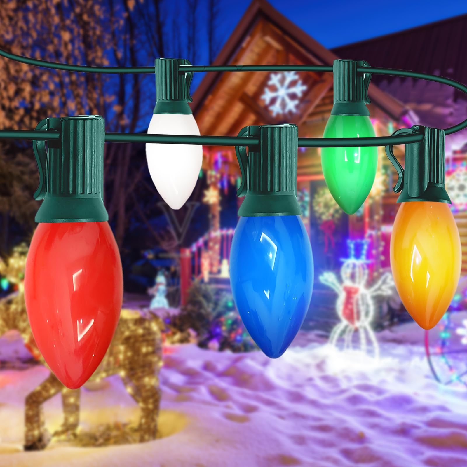 CHYSUPER C9 LED Christmas Lights Outdoor 25FT Multicolor Christmas String Lights, Colorful Vintage Hanging Lights for Roofline X