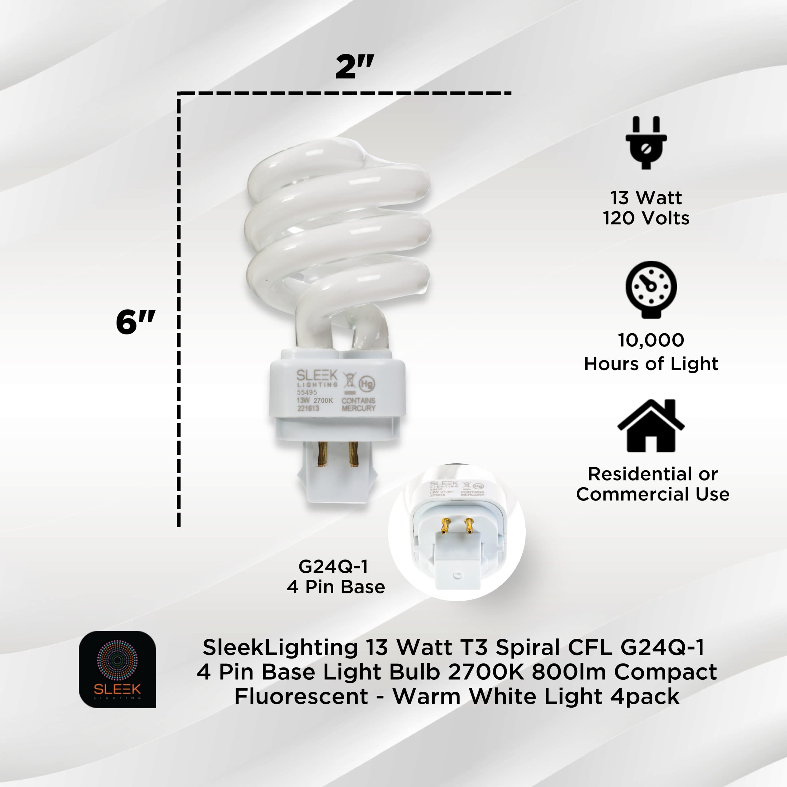 SLEEKLIGHTING 13W T3 Spiral CFL Light Bulb G24Q-1 Base 2700K Warm White 800lm - 4 Pack