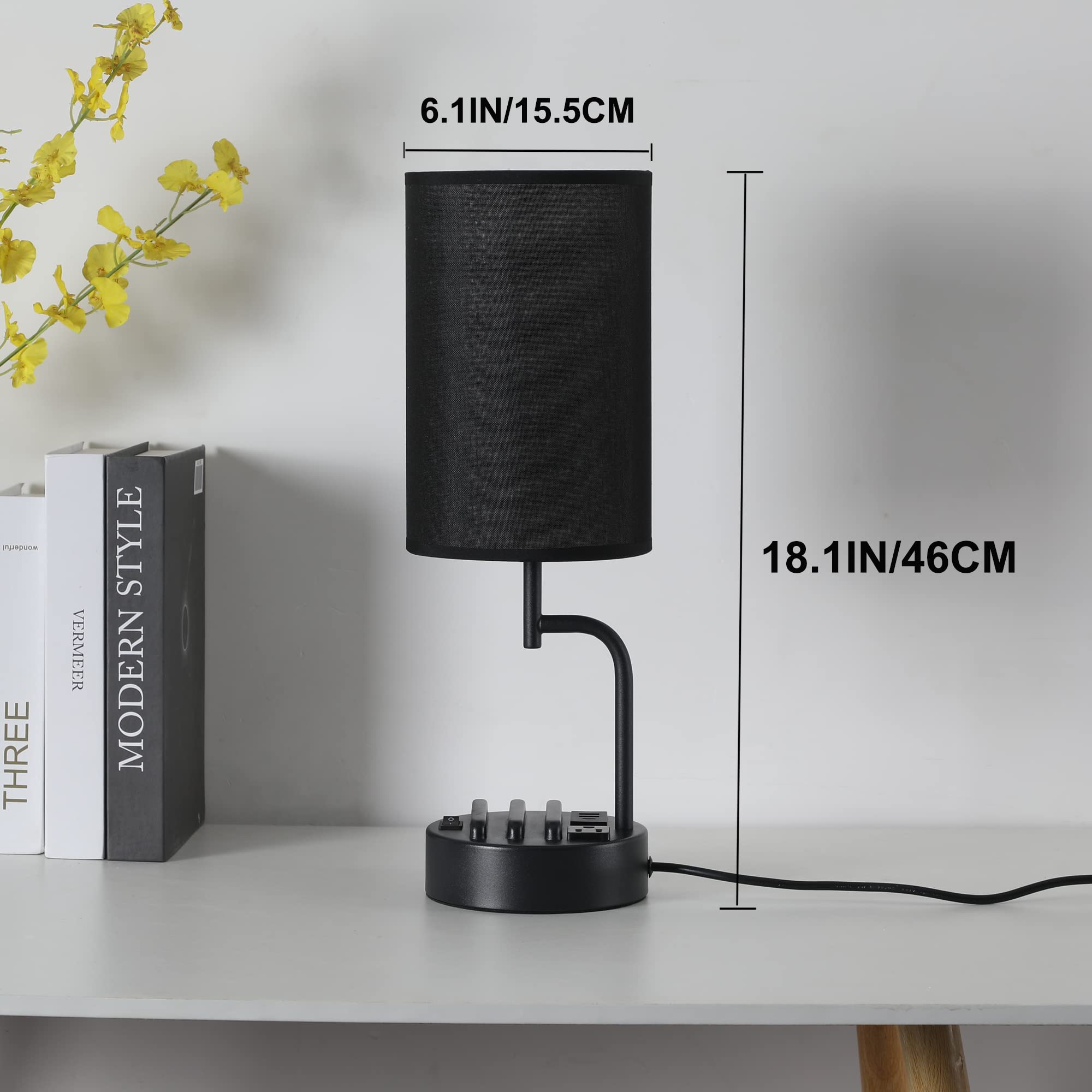 Dreamholder Table Lamp with 3 USB Ports, AC Outlet, Phone Stands, 2-Pack, Black