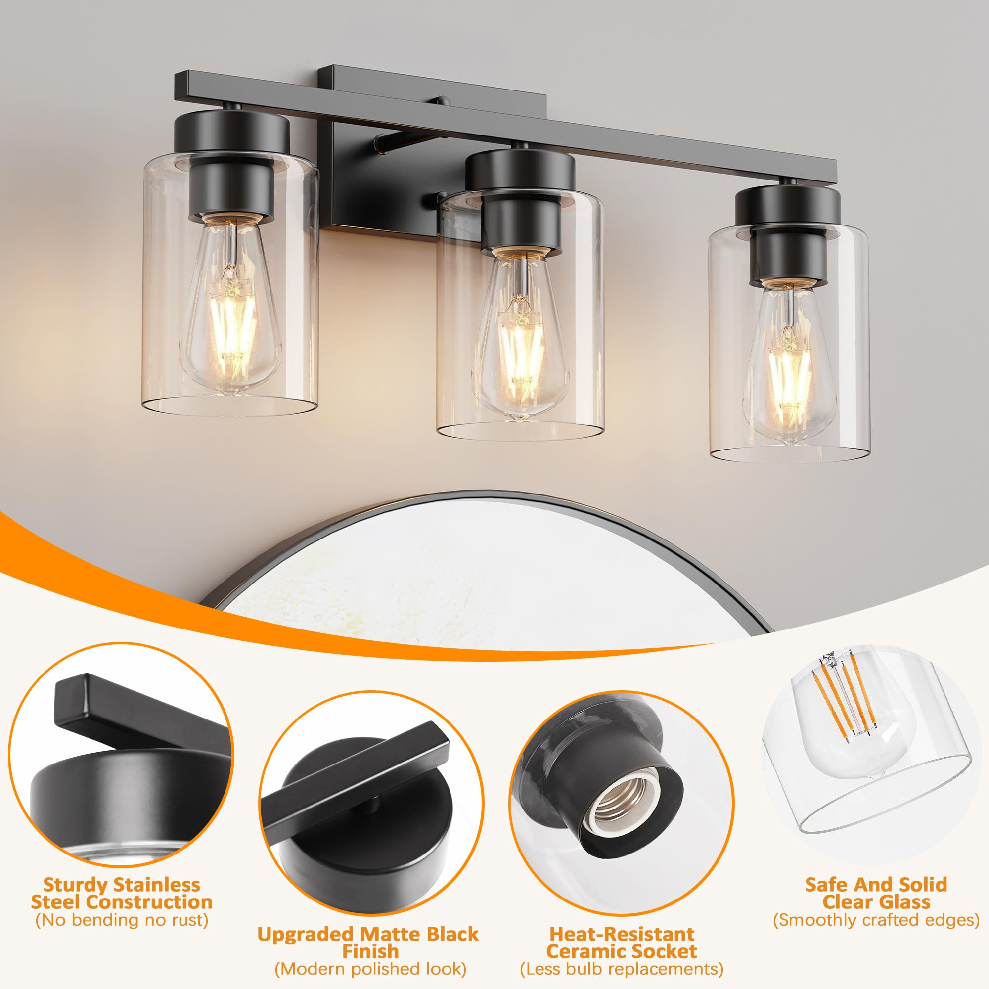 Partphoner 3-Light Bathroom Light Fixtures  Matte Black Vanity Light With Clear Glass Shade  Modern Wall Sconce For Mirror Bedroom Living Room Hallway Lighting