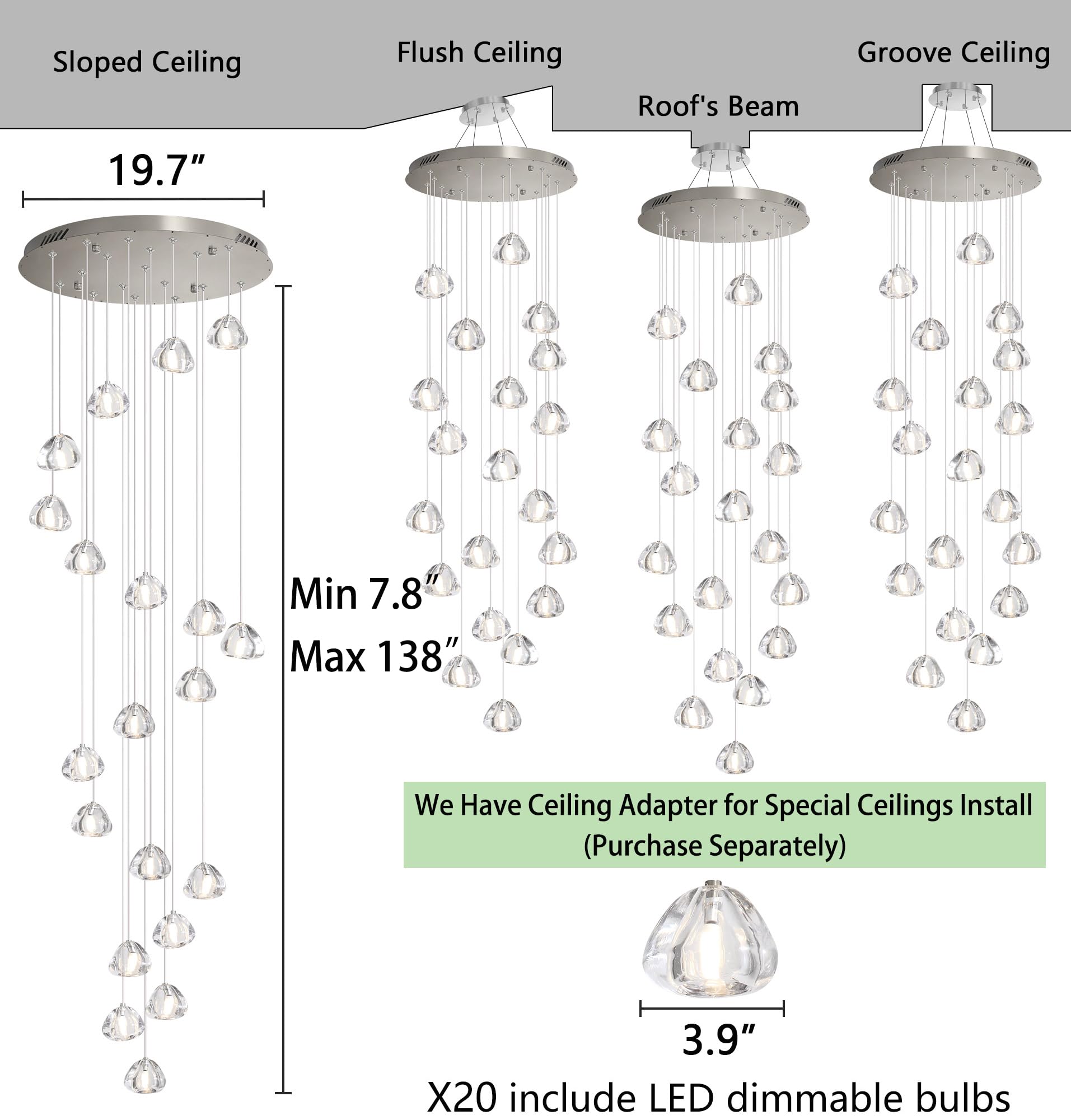 HAIXIANG LED Chandelier 138" Long, 20 Lights, Remote Dimmable, Antique Gold, High Ceiling Lighting Fixture