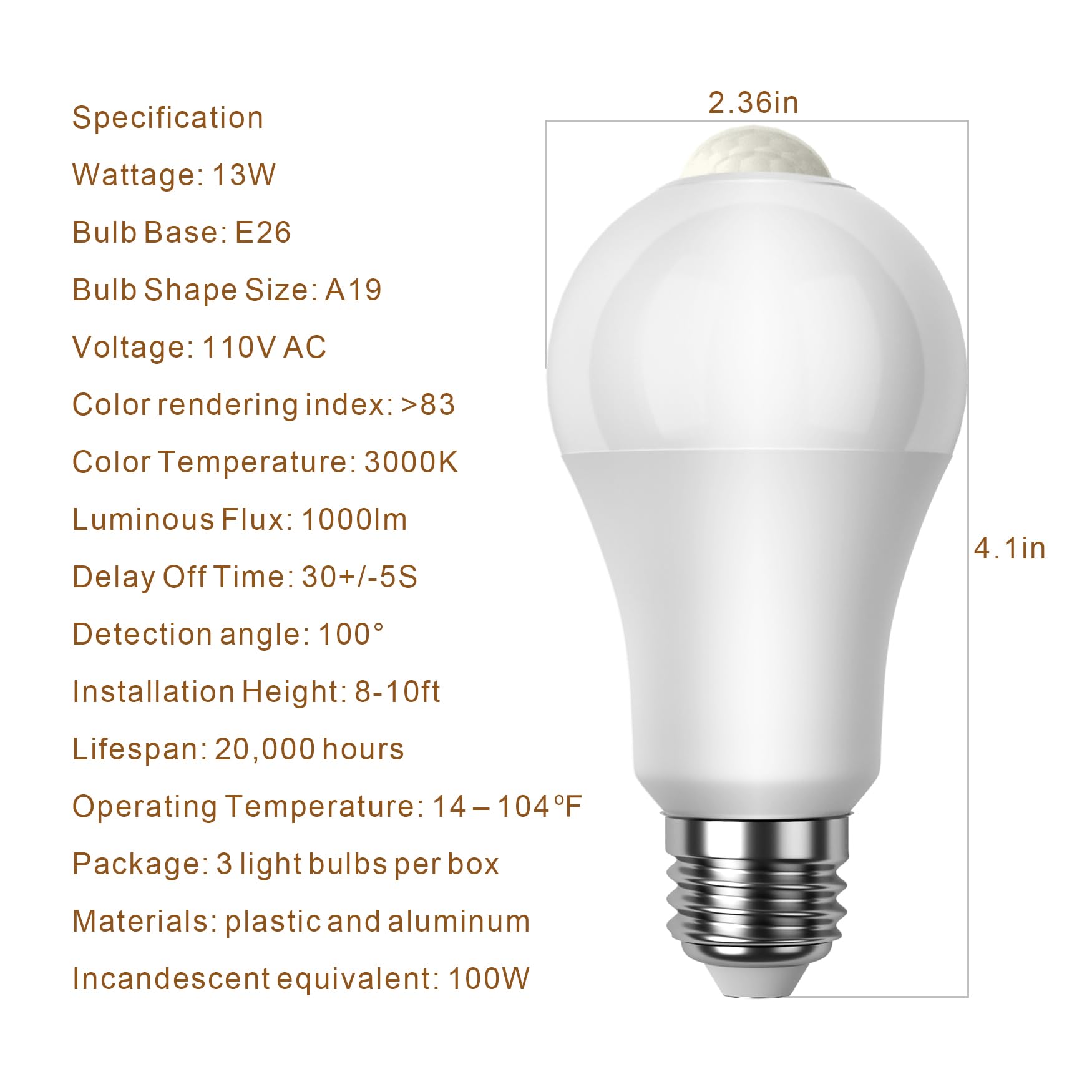 7117 Motion Sensor Light Bulbs  13W (100Watt Equivalent)  Motion Activated Dusk To Dawn Security Led Bulb  A19 E26 3000K Warm White  For Indoor And Outdoor Lighting  Porch  Stairs  Hallway 3Pack