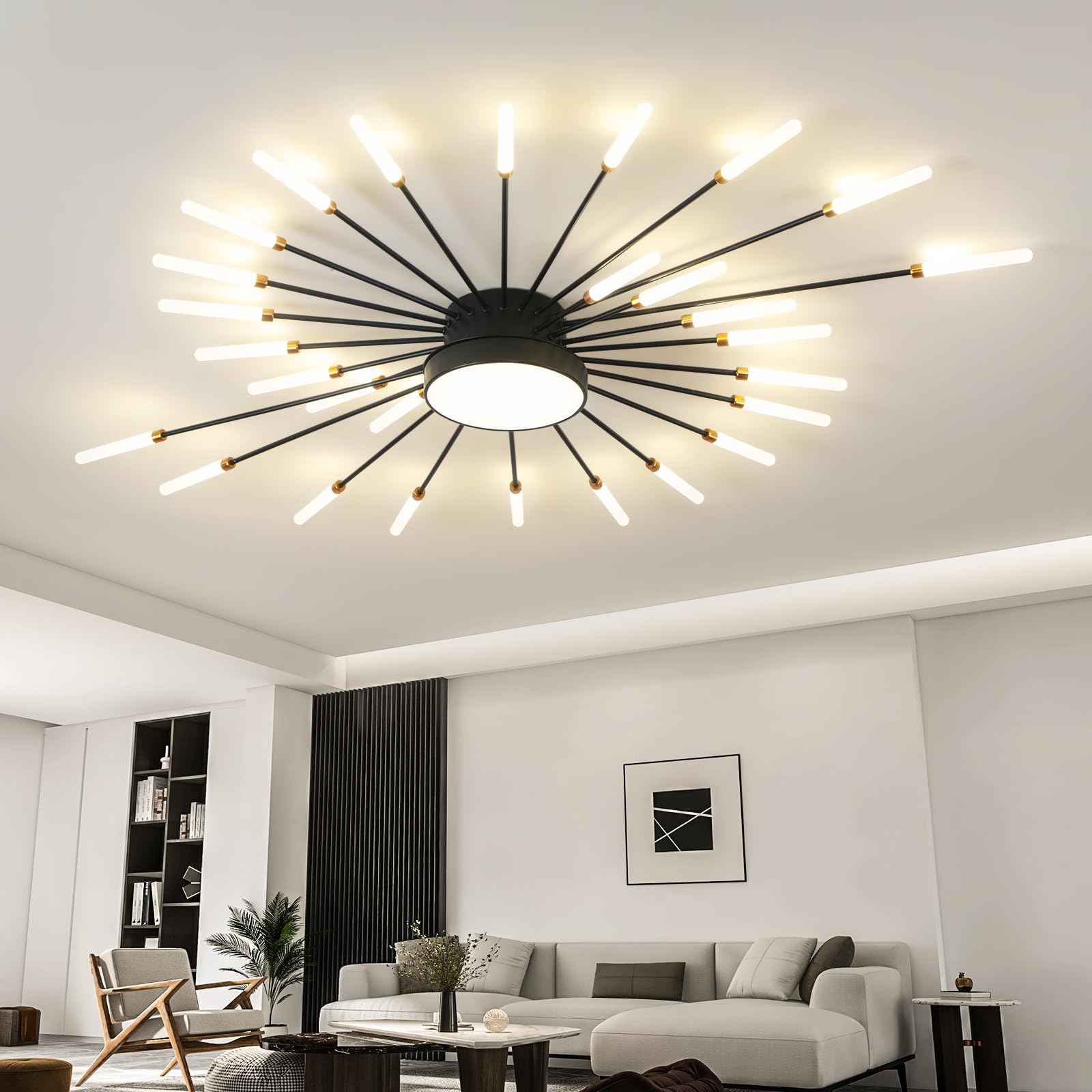Ziidoo Modern Ceiling Light  28+1 Lights Metal Firework Designed Chic Led Lighting Fixture For Farmhouse Kitchen Dining Room Bedroom Hallway Living Room (Black)