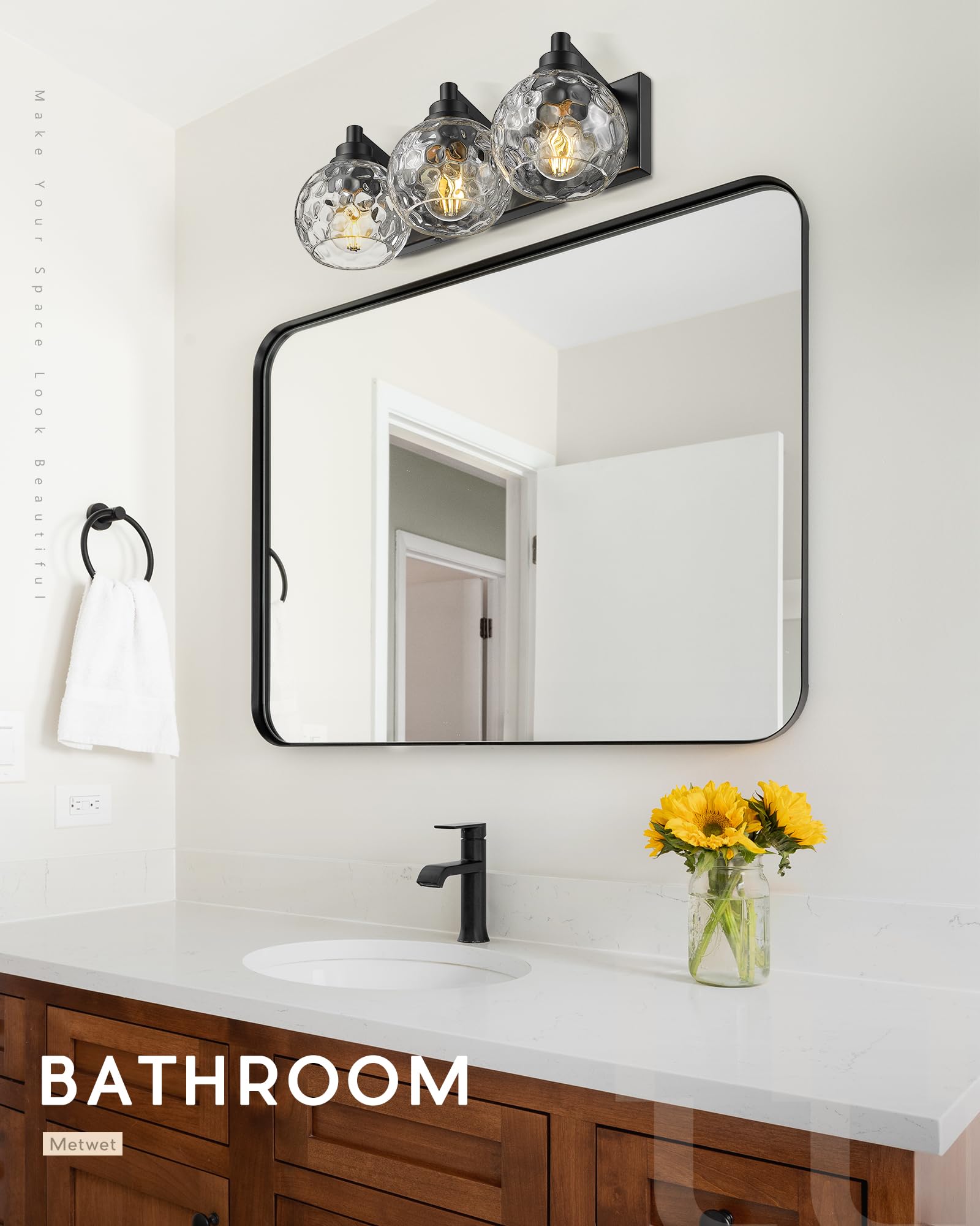METWET 3-Light Matte Black Bathroom Light Fixtures with Clear Hammered Glass Globe Shade, Model VL200-MB-3