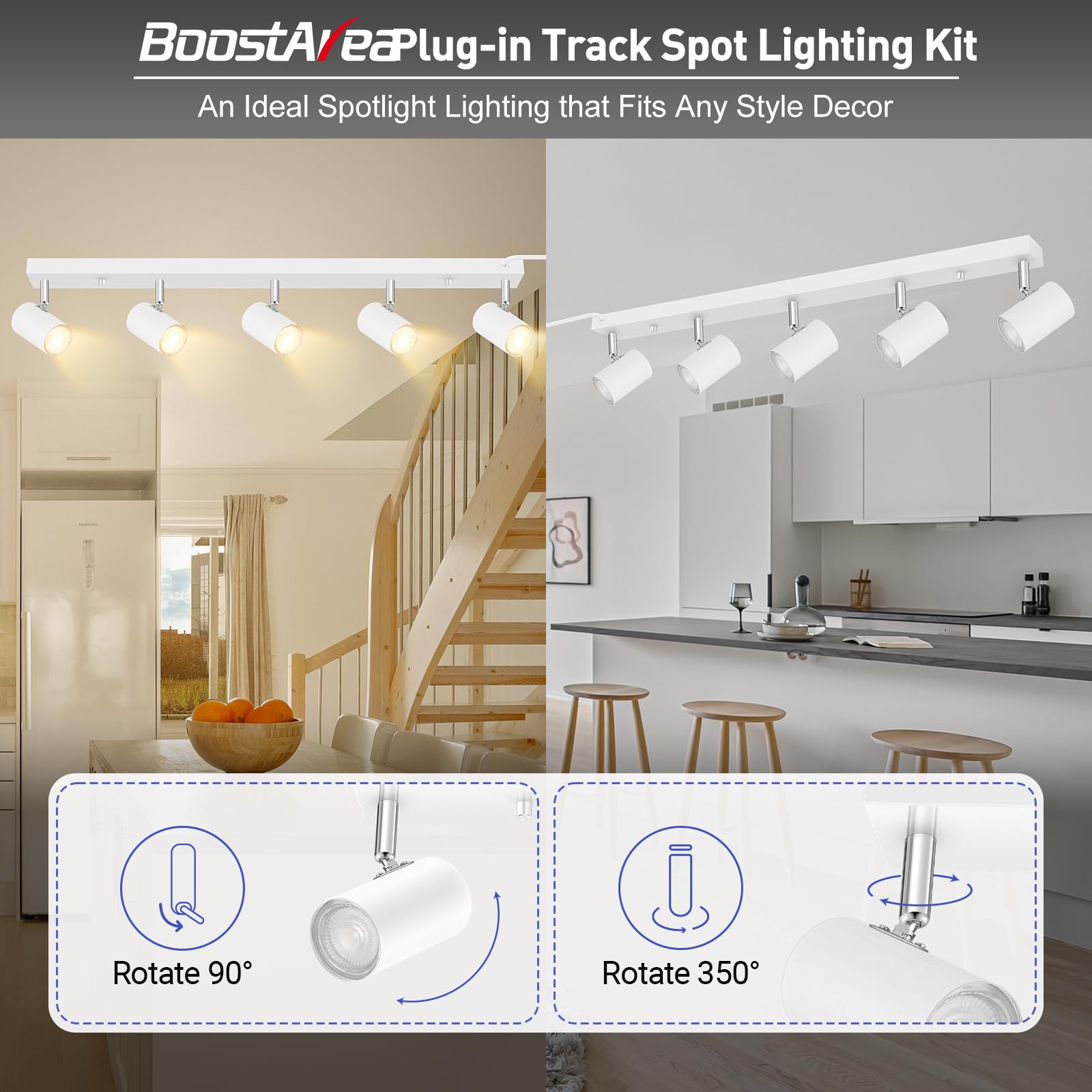 Plug In Track Lighting, Led Track Light Kit, White 5-Light Large Track Lights For Kitchen, 15 Ft Cord,5 Way Ceiling Spotlight, R