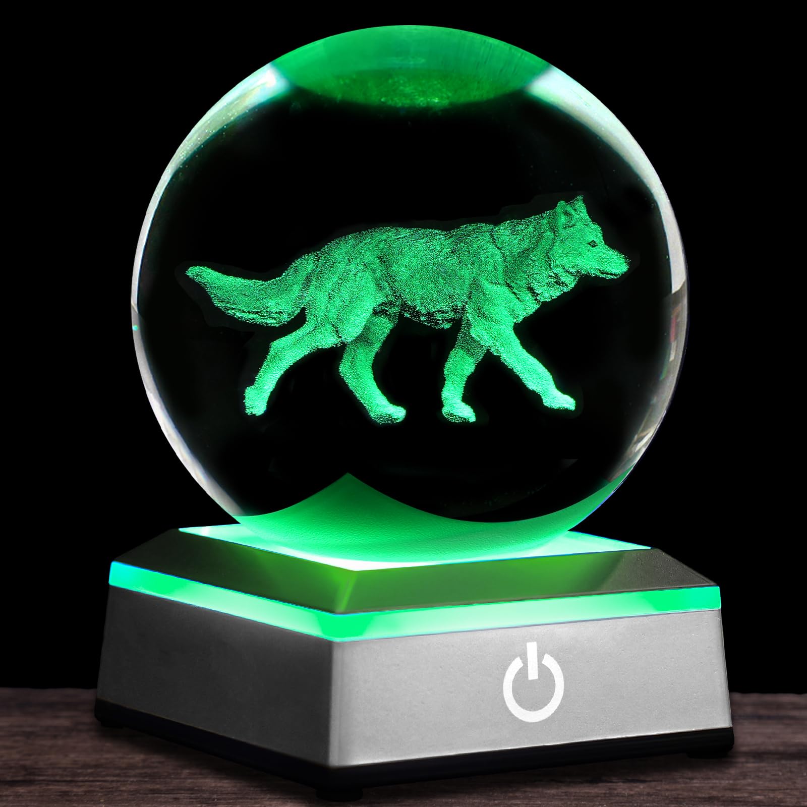 3D Wolf Crystal Ball Night Light 3.15 Inch Glass Ball Table Lamp With Color Changing Touch Base Decor Ideal Wolf Statue Decor Gi