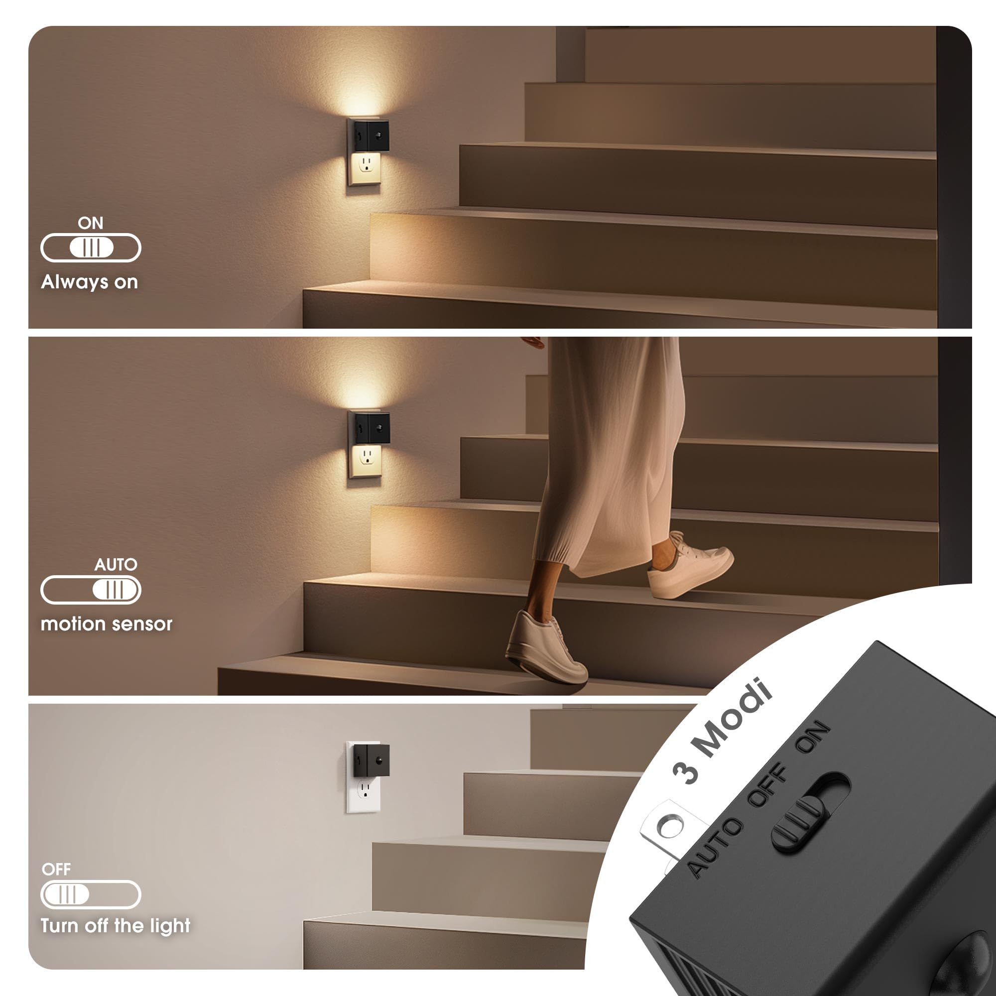 JandCase Motion Sensor Night Light, 3000K Warm White, Plug-in, Adjustable Brightness, 2 Pack, Black-Square