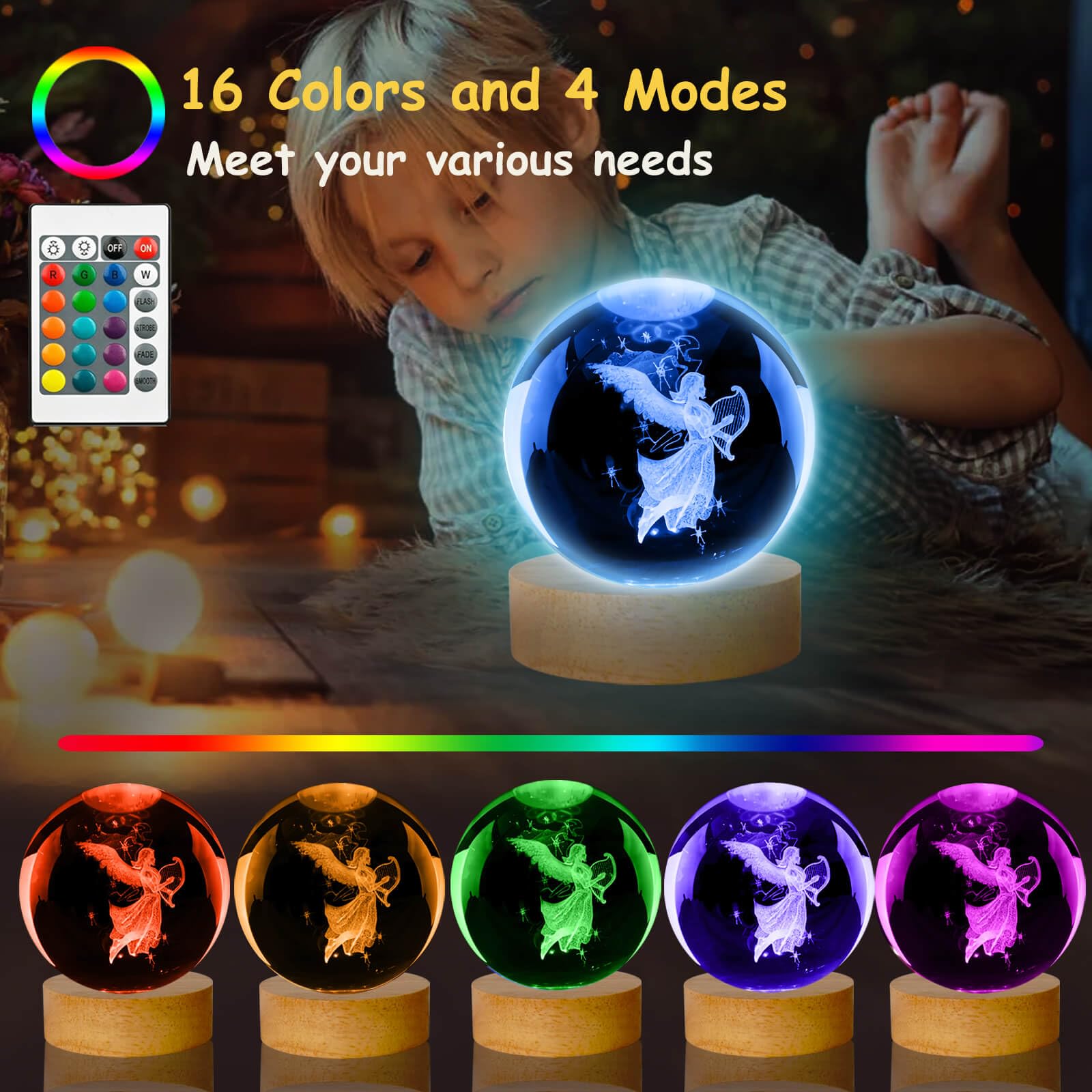 Linsina Guardian Angel Crystal Ball Lamp,16 Colors Glass Angel Figurine Ball Night Light With Wooden Base And Remote Control, An