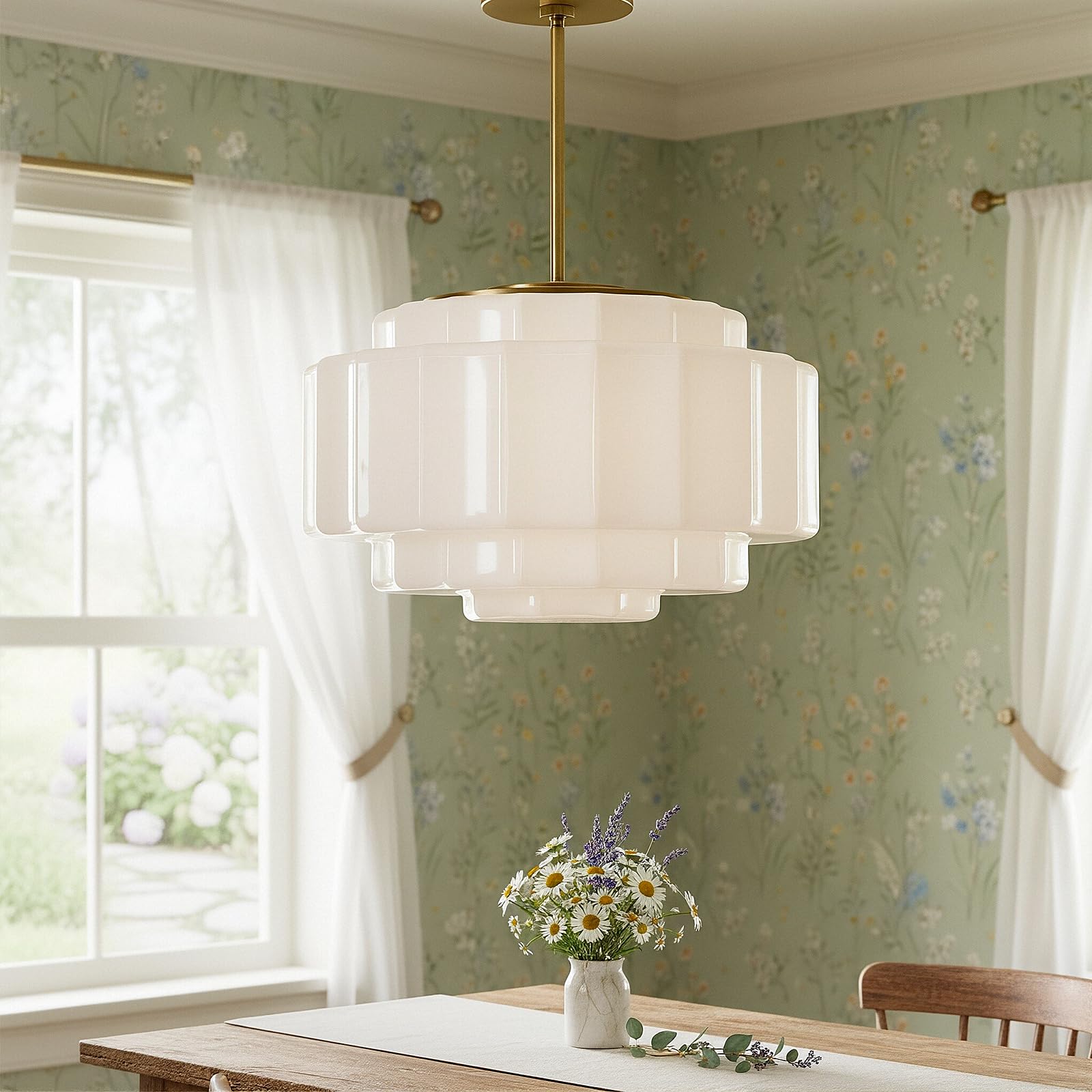 YESIDS Vintage Milk Glass Pendant Lights  15.7 White Pleated Glass Chandelier  Semi-Flush Mount Ceiling Light for Bedroom  Foyer  Living Room  Bar Counter  E12 Bulb Included (White  15.7)