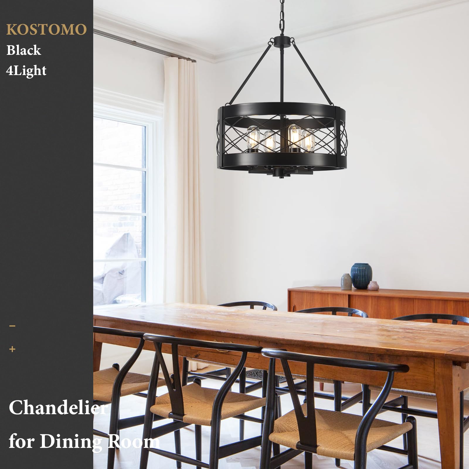 Kostomo Farmhouse Chandelier 4-Light Adjustable Dining Room Light Fixture Kitchen Island Lighting Drum Rustic Hanging Lights For