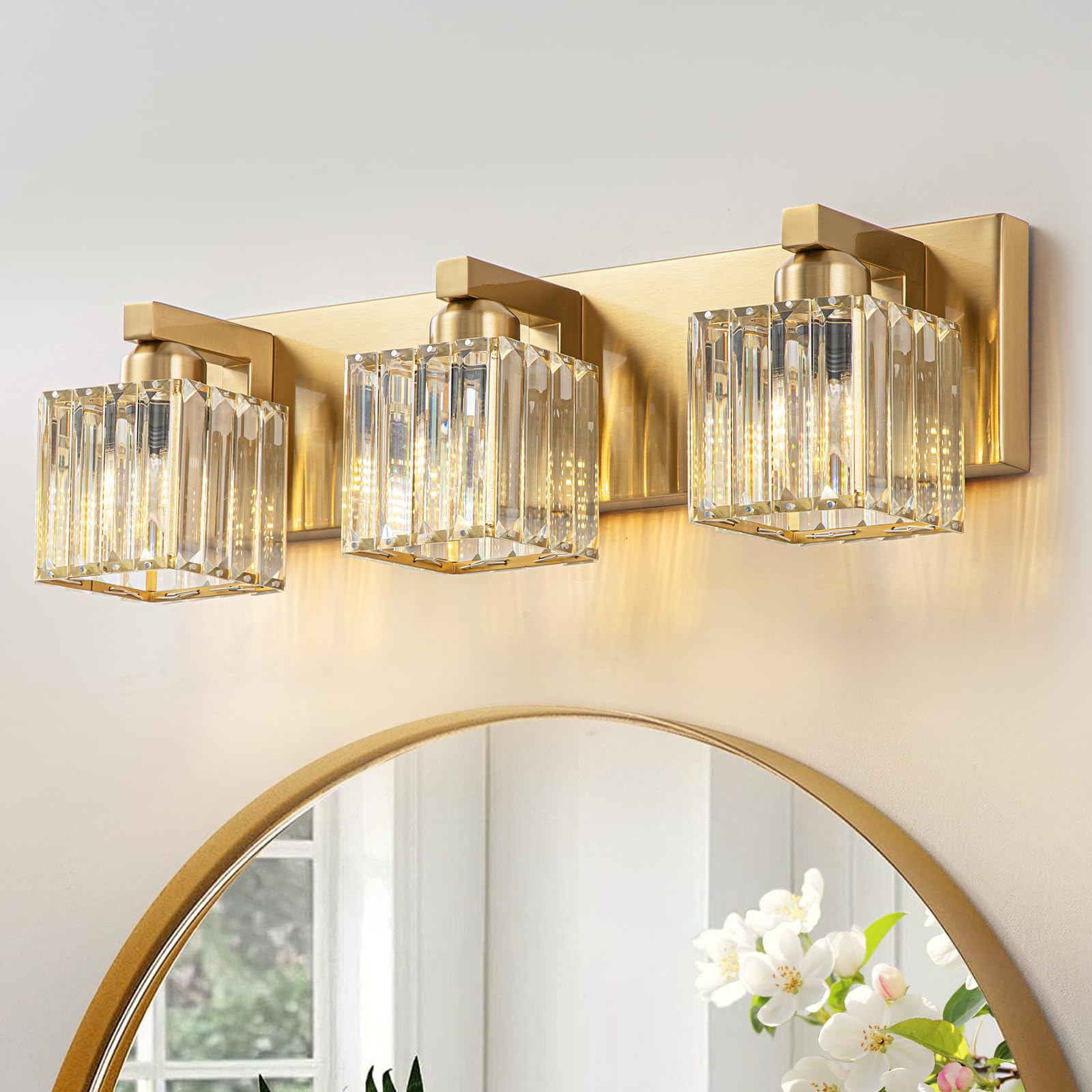 Huoku Gold Crystal Bathroom Vanity Lights Modern 3-Lights Bathroom Lighting Fixtures Over Mirror, Gold Crystal Wall Light With S