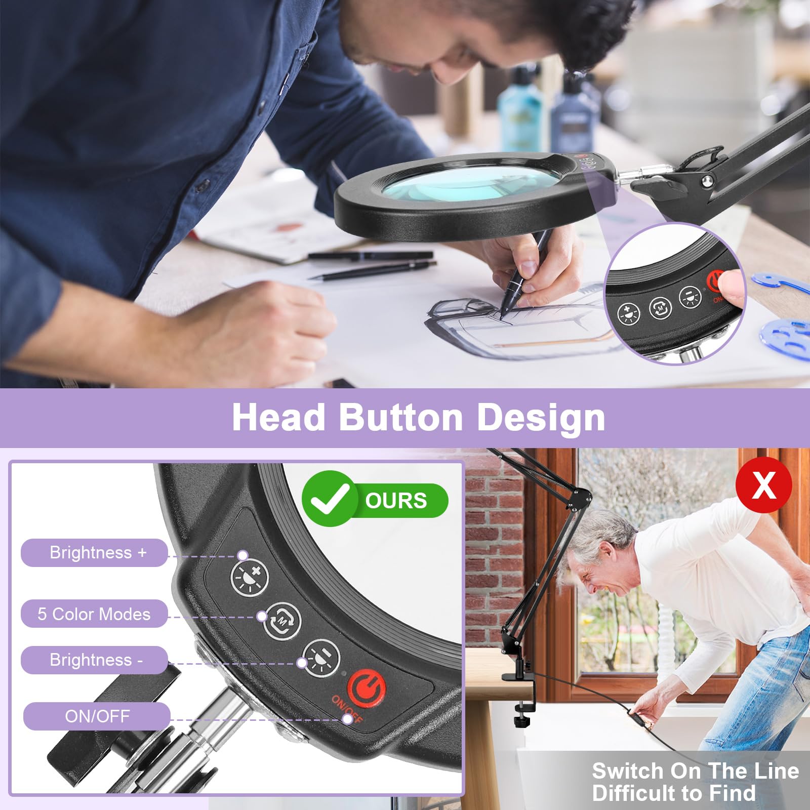 Seylae 10X Magnifying Glass With Light And Clamp, Real Glass Lens Lighted Magnifier With Stand, 5 Color Modes Led Dimmable Magnifying Desk Lamp Hands Free For Crafts Jewelry Painting Sewing Close Work