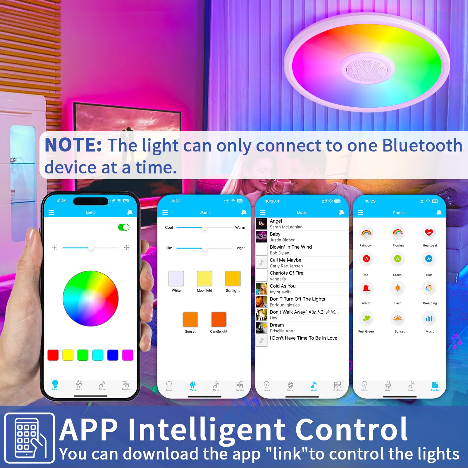 Uprizep Rgb Led Ceiling Light, With Bluetooth Speaker, 24W 12Inch Smart Music Ceiling Lamp With App And Remote Control, 3000K-65