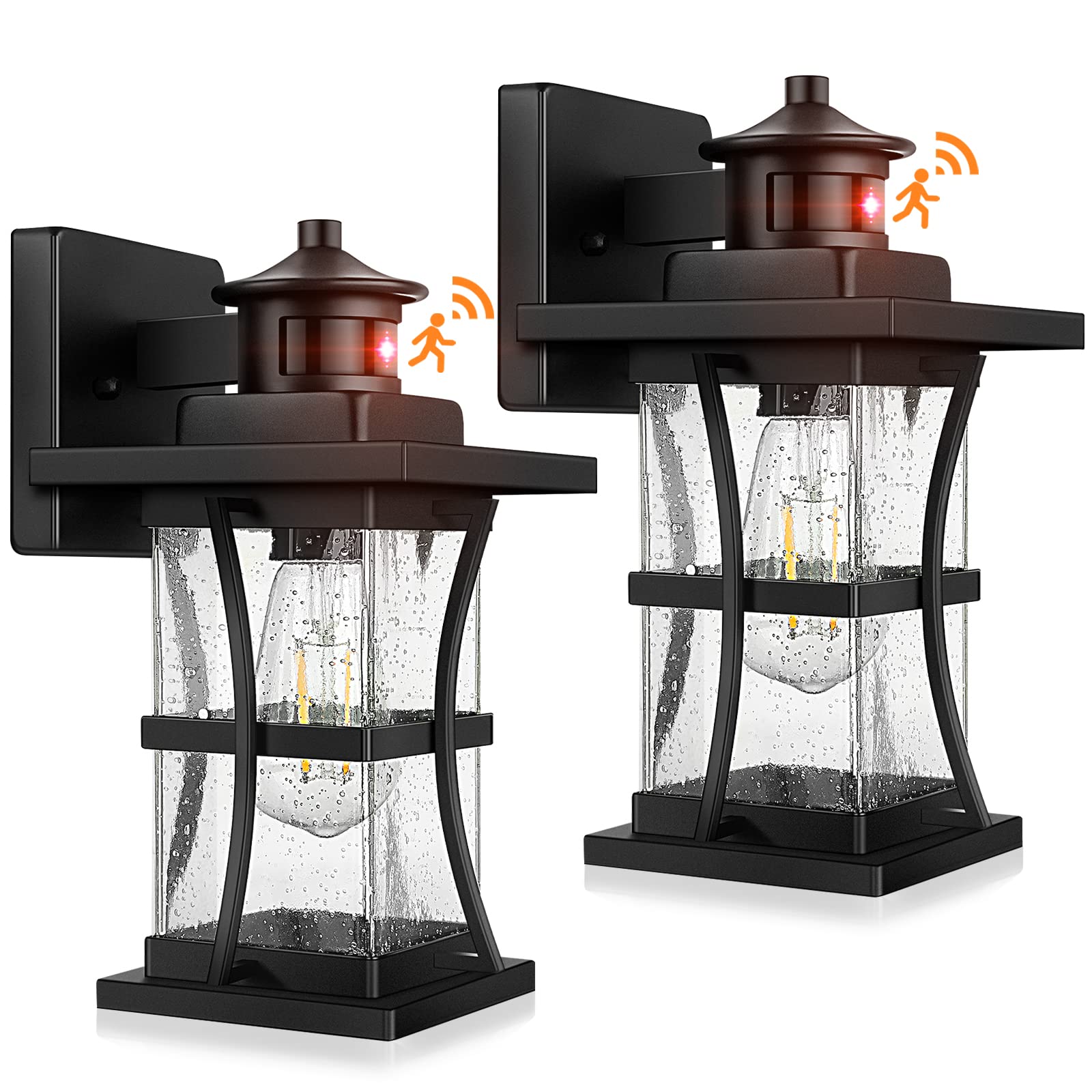 2 Packs Motion Sensor Outdoor Wall Lights - Upgrade Dusk To Dawn Porch Lighting, Led Exterior Lantern Fixture Wall Sconce, Waterproof Outside Light For House, Black Anti-Rust Lamp For Garage Doorway