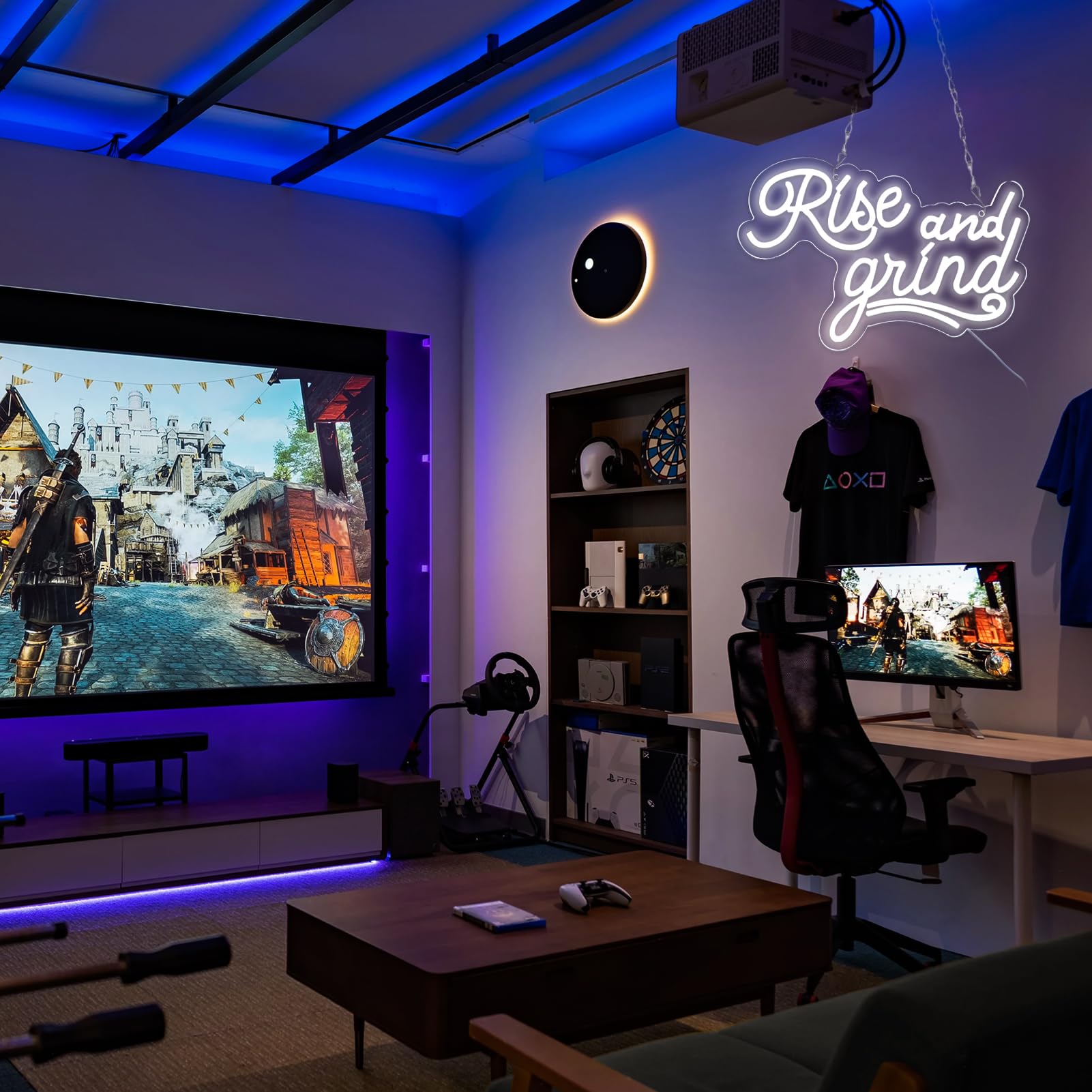 JFLLamp Neon Wall Sign - Rise and Grind LED Light for Bedroom, 16.1"x9", Model NS-Rise and Grind-001, Ideal for Man Cave or Bar Decor