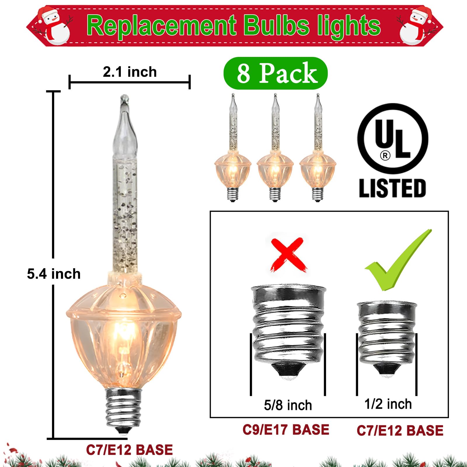 Bubble Lights, 8 Pack Clear Bubble Replacement Bulbs With Silver Glitter Liquid, C7/E12 Candelabra Base Light Bulbs For Christma