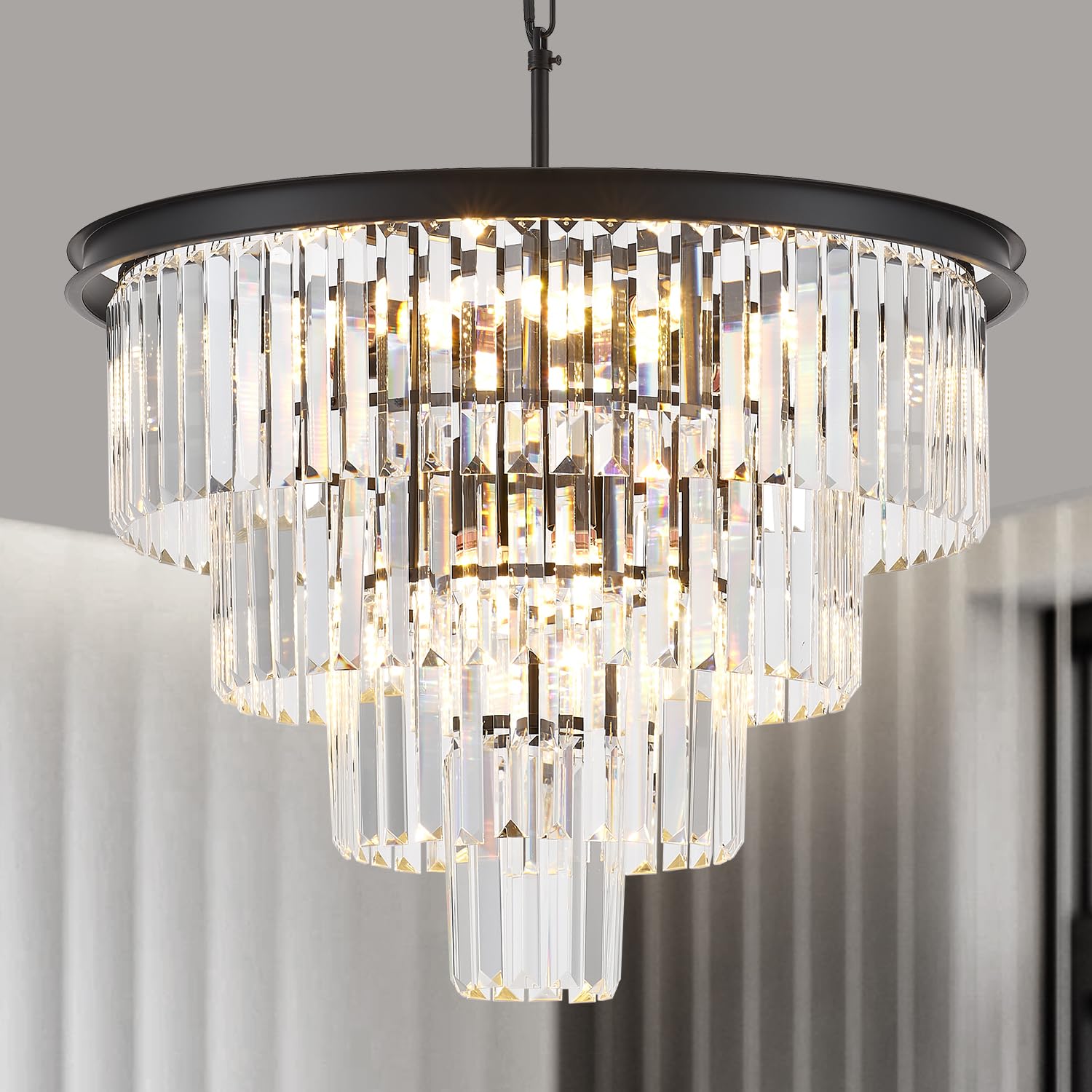 brfaixla 4-Tiers 23.6 Black Modern Crystal Chandelier 12-Light Crystal Pendant Ceiling Light Fixture Hanging Lighting for Entryw