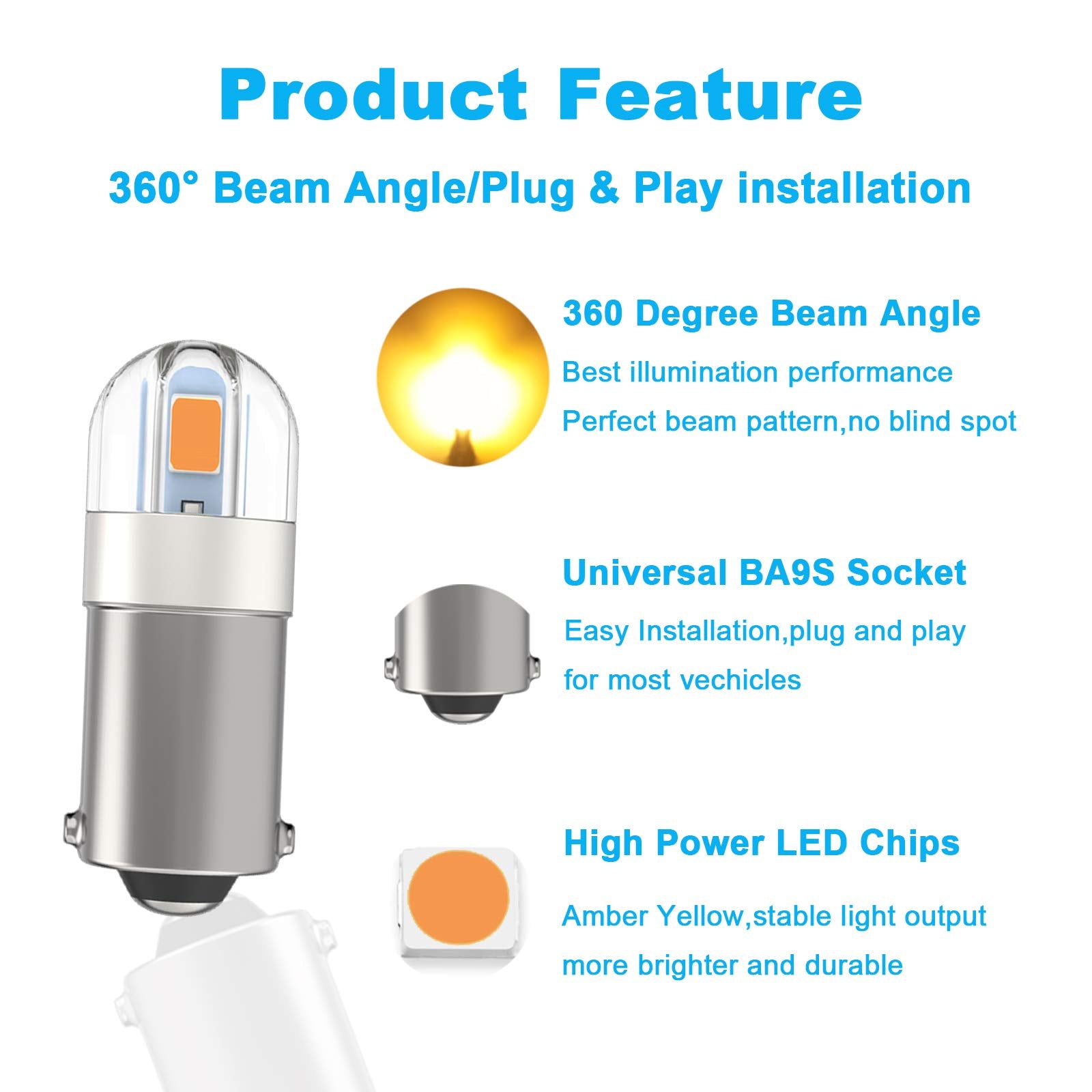 Serundo Auto BA9S LED Bulb 2SMD 3030 Chips Pack of 10pcs Amber Yellow for Car Interior Dome Map License Plate Light