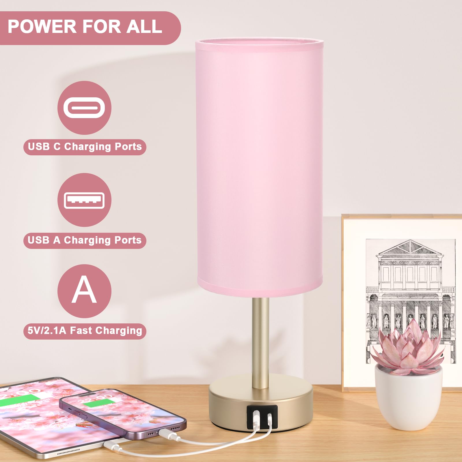 Small Table Lamp For Bedrooms - Bedside Lamps For Nightstands, Minimalist Night Stand Light With Round Fabric Shade, Desk Readin