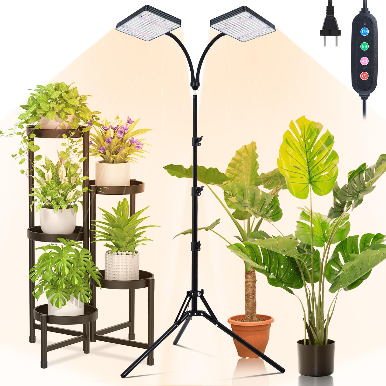 Orchbloom Grow Light with Stand, 50W Full Spectrum Plant Lamp, 2 Head, Black, Model Zinqolay