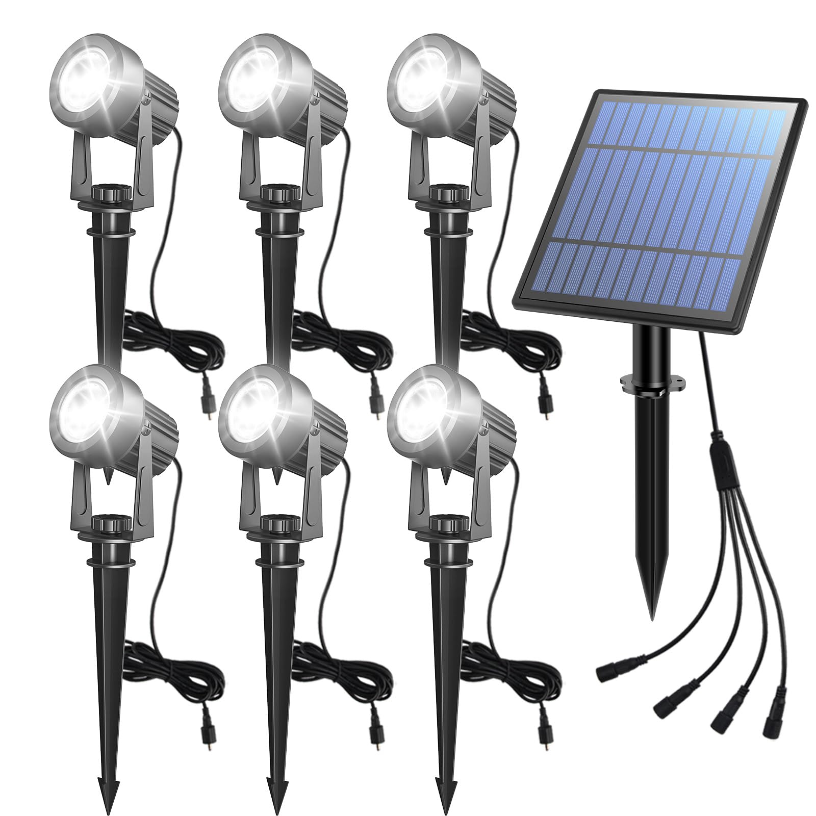 APONUO Solar Spot Lights Outdoor 6-in-1 IP65 Waterproof Cool White 9.8ft Cable for Yard Pathway Garden Tree Decoration