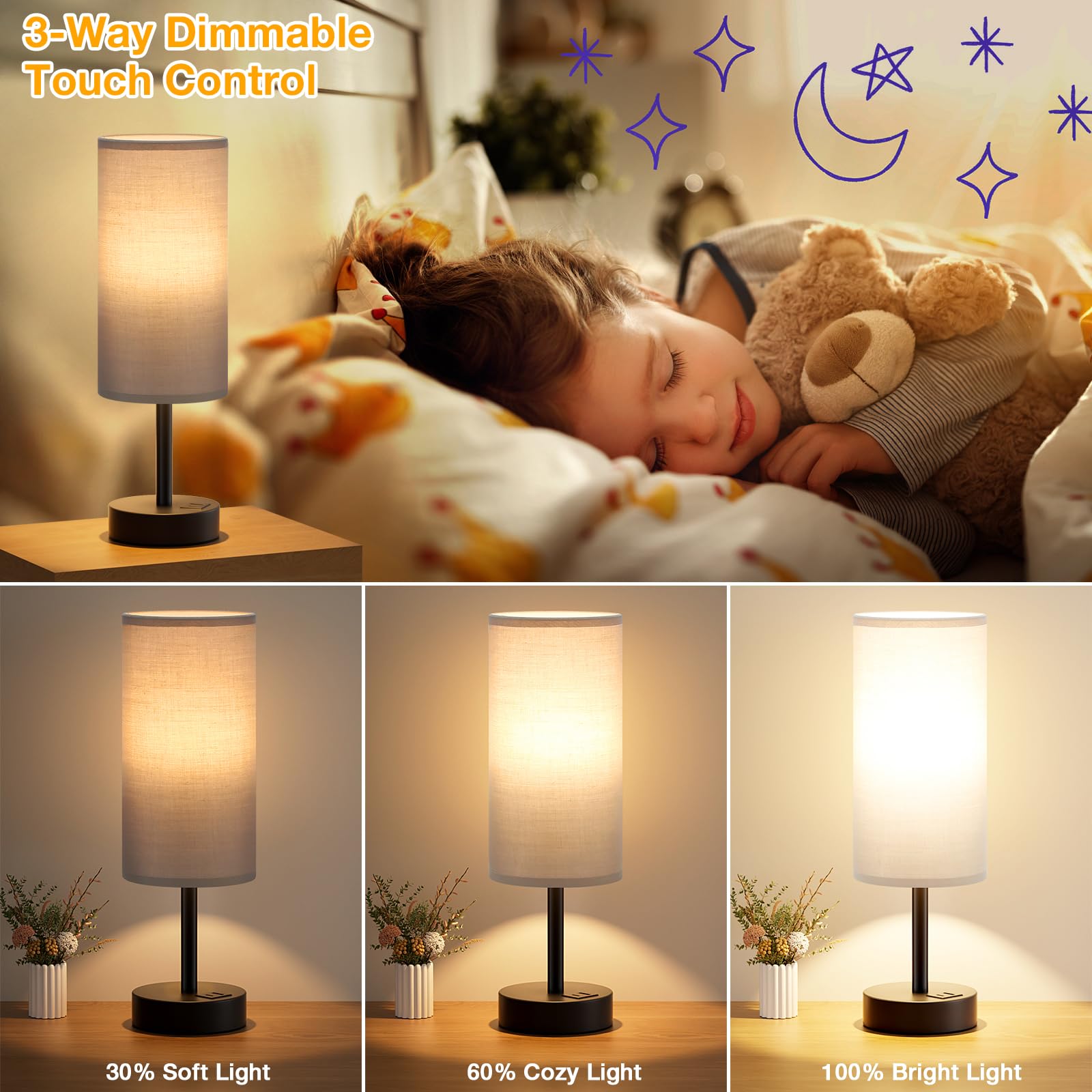 Grey Touch Bedside Lamp With Usb - 3 Way Dimmable Table Lamp For Bedroom, Nightstand Lamp With Black Charging Station For Desk D