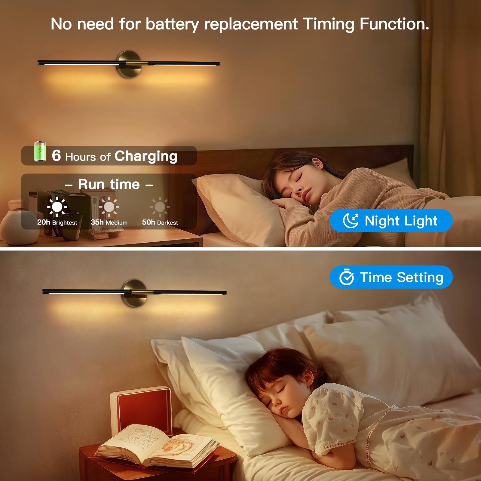 Battery Operated Wall Sconces Set of Two, 360Rotate Wireless Wall Sconces with Remote Control Dimmable Timing, Black Gold Rechar