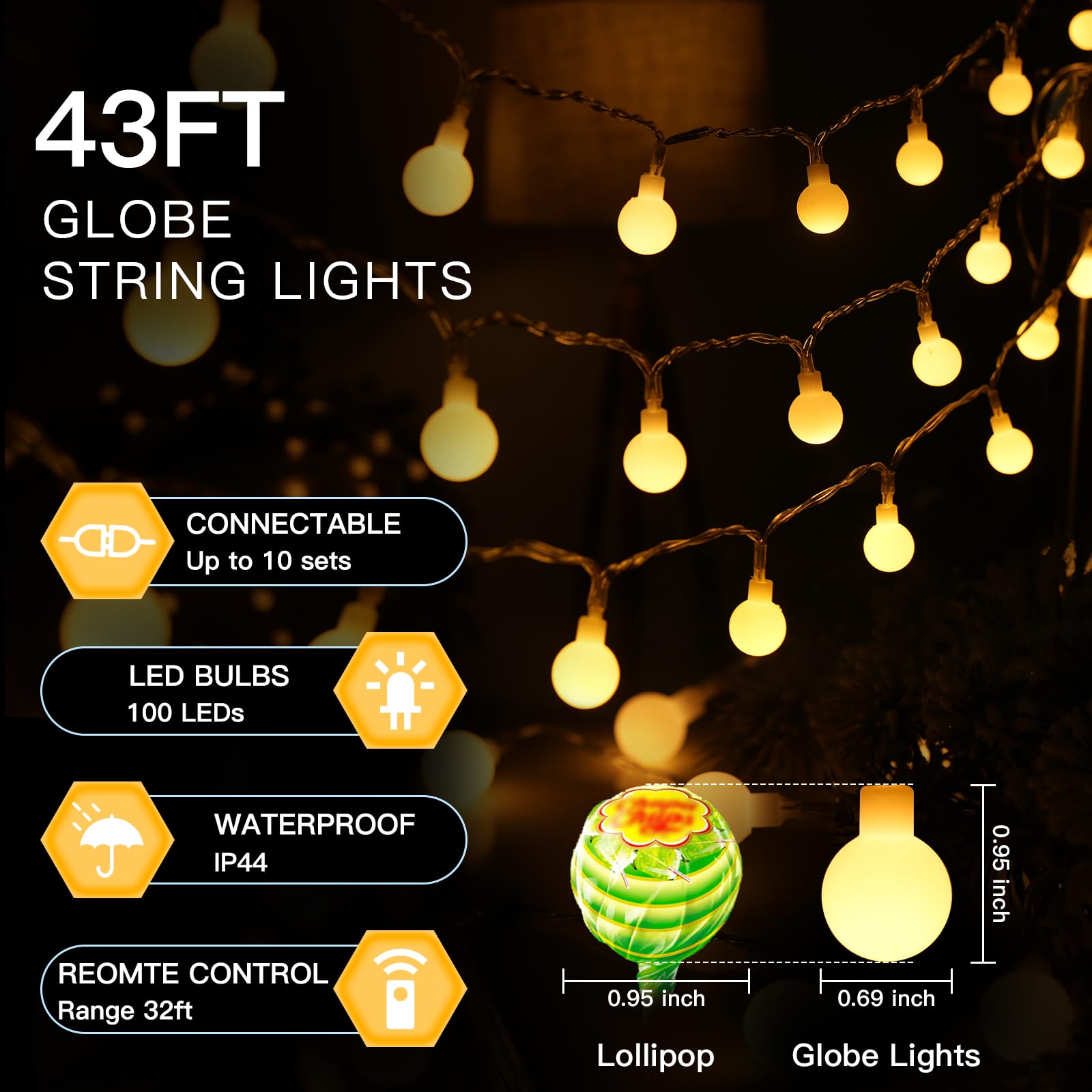 suddus String Lights, 33ft 100 LED Connectable Globe Lights, Warm White, Indoor/Outdoor, Model BE-bd758f98c0