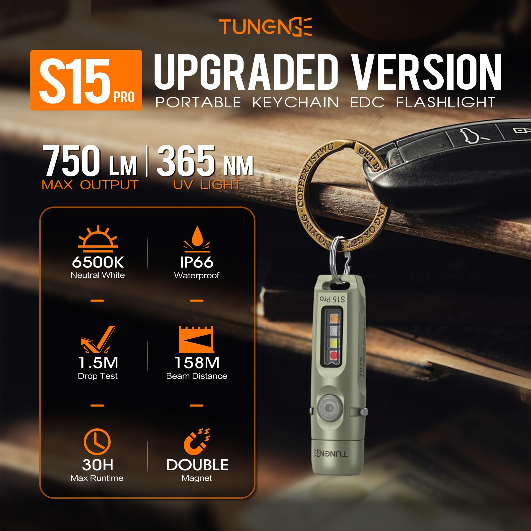 TUNENGE S15Pro 7075 Aluminum Keychain Flashlight Rechargeable, 750 Lumen EDC Pocket Flashlight Magnet, Mini Flashlight with Side