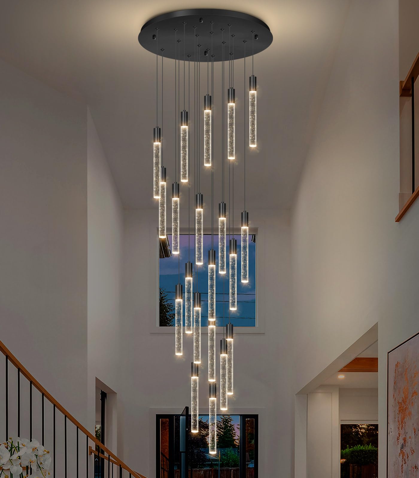 HAIXIANG 13FT High Ceiling Chandelier, Modern Crystal Pendant Light, 20-Lights, Black, Dimmable, Flush Mount for Living Room Foyer, Model MMQ3810