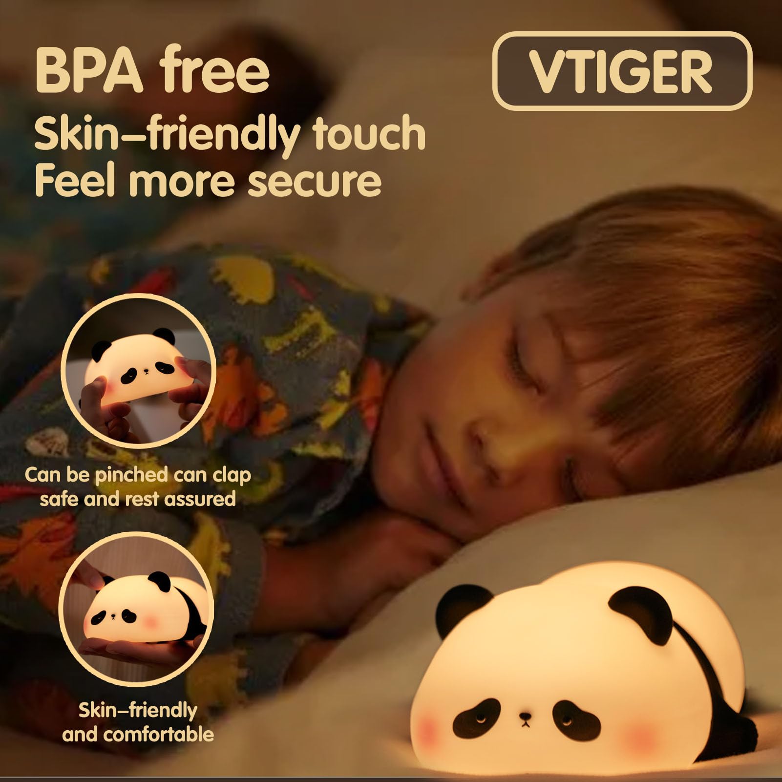 VTIGER Panda Night Light LED Lamp, Dimmable, Rechargeable, 5.15x4.45x2.36 inches, Silicone, Cute Design for Kids Bedroom