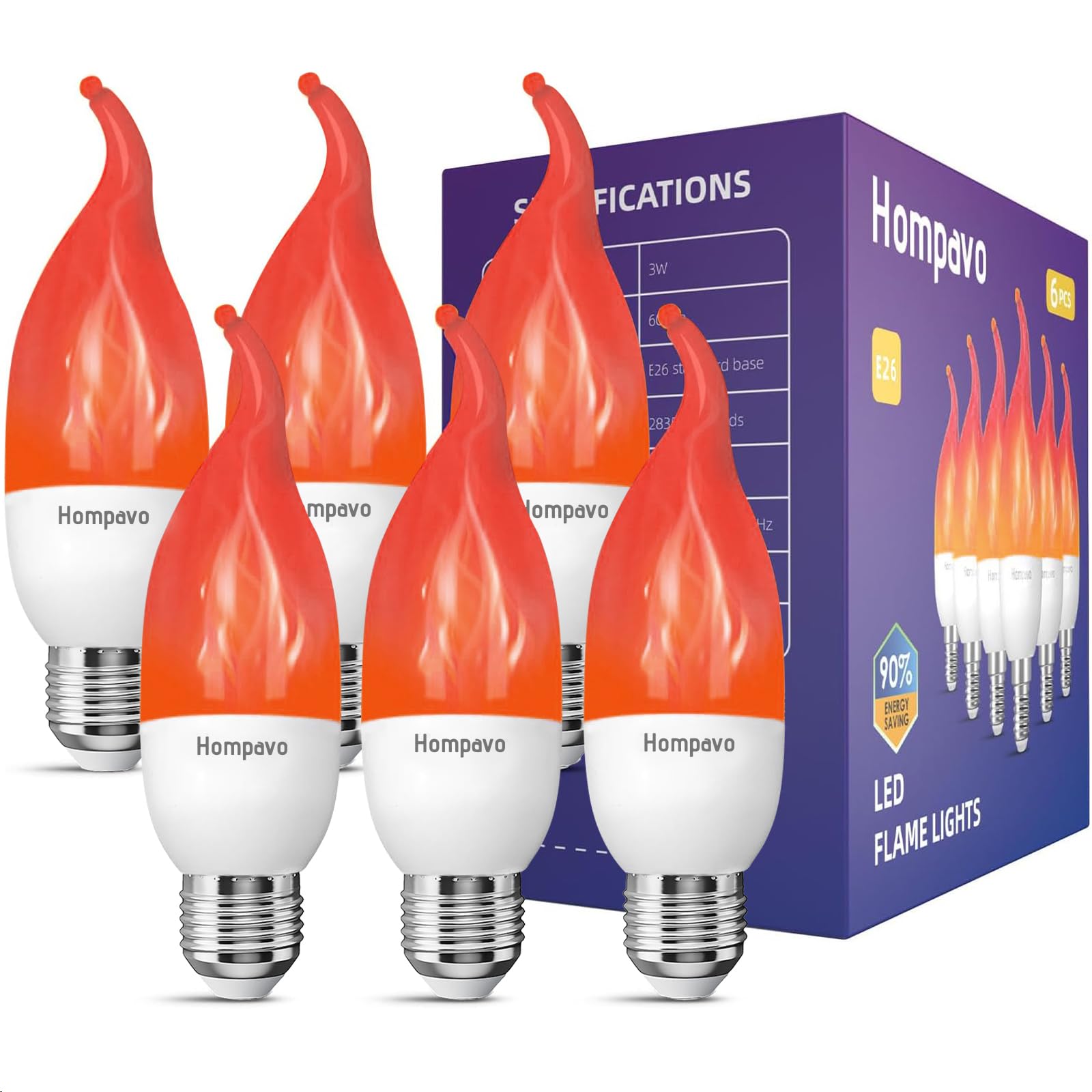 Hompavo LED Flame Light Bulbs, 3 Modes, E26 Chandelier Base, Red, 6 Pack, Model HPFLE26-LAHUA6 for Indoor & Outdoor Decoration