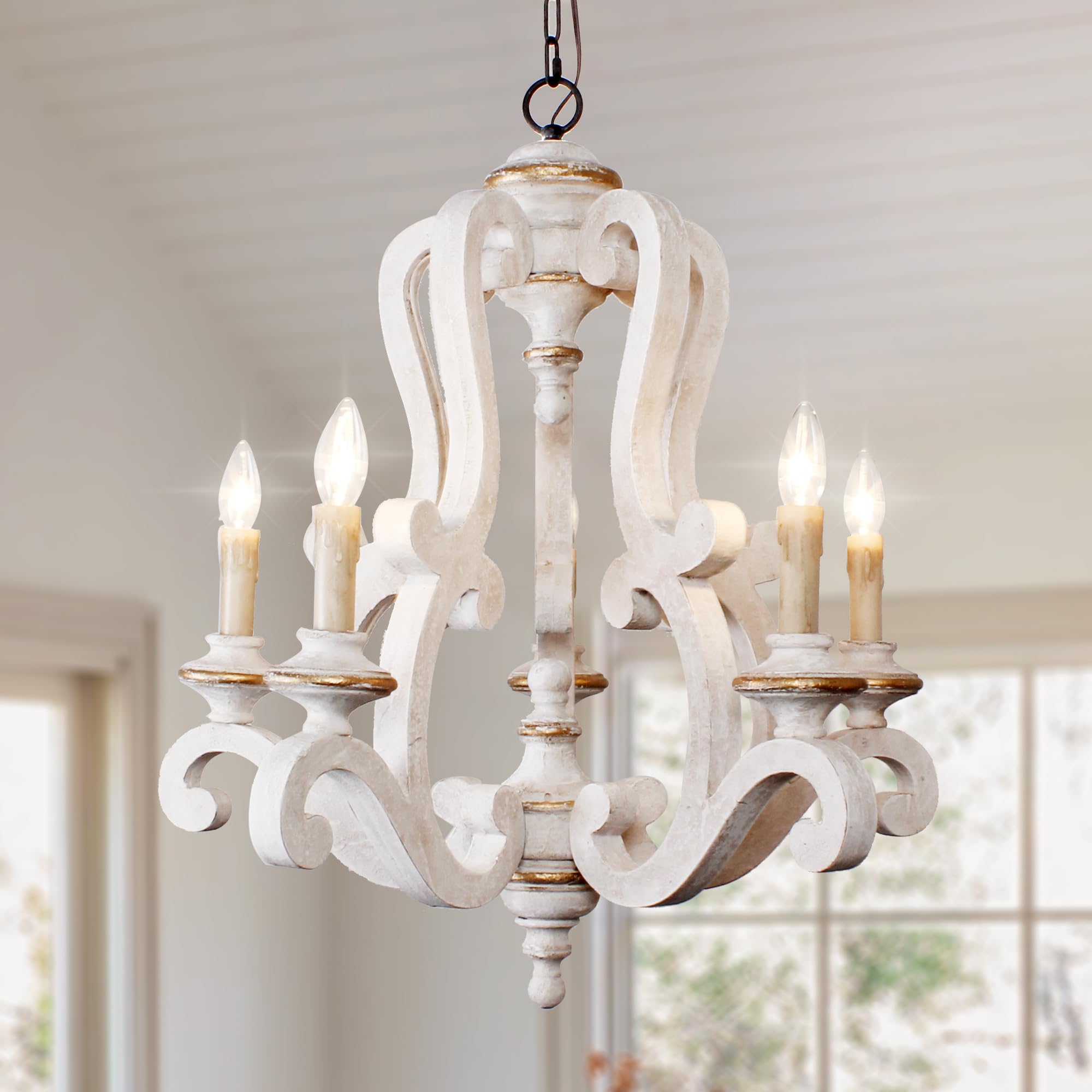 Chords Attic Wooden Chandelier, 5 Candle Lights, Distressed White, Model 4004, Adjustable Chain, French Country Pendant Lighting