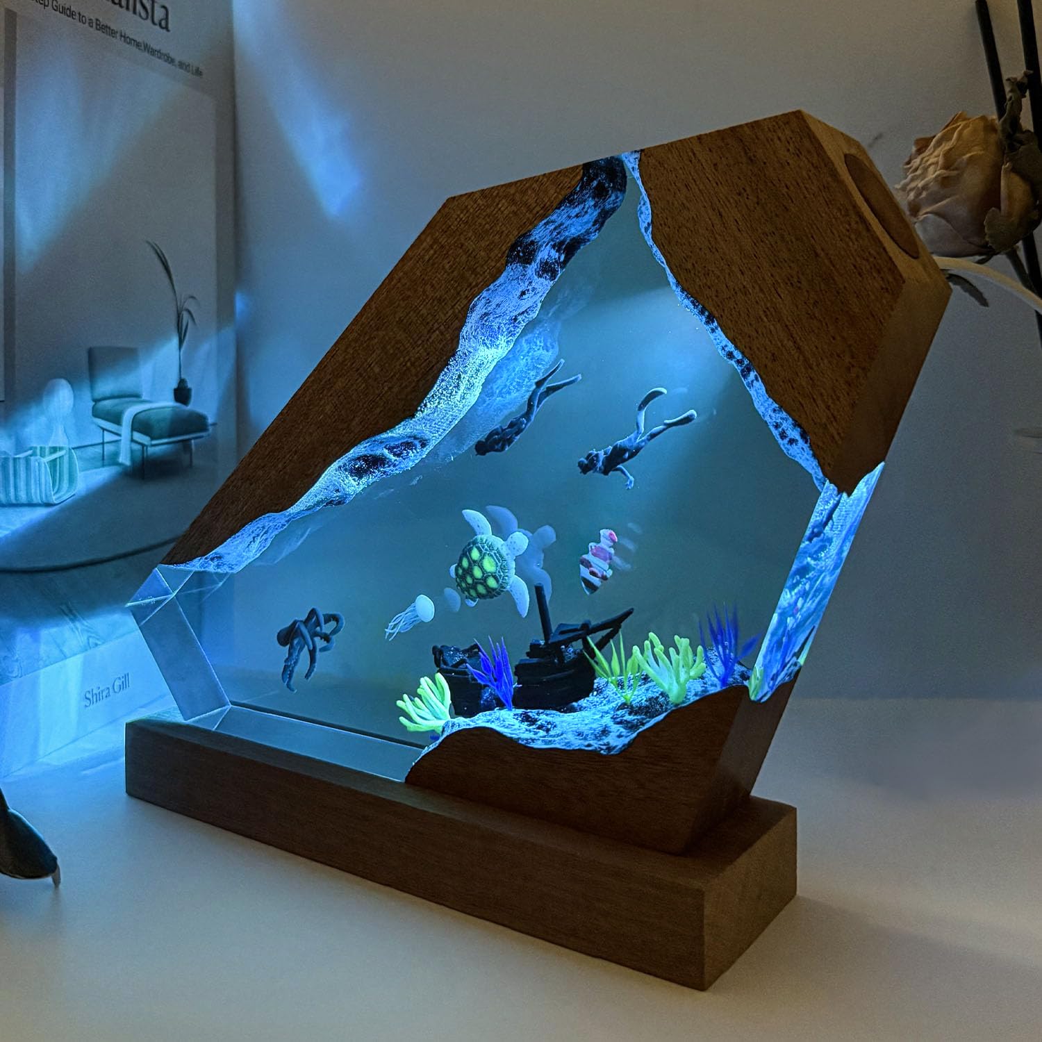 Nice Hera Octopus Ocean Resin Lamp  Handmade Wooden Table Resin Night Light  Usb Port Art Ornaments For Home Office Decor  Scuba Diver Gifts For Birthday Holiday  ValentineS Day Gifts For Husband