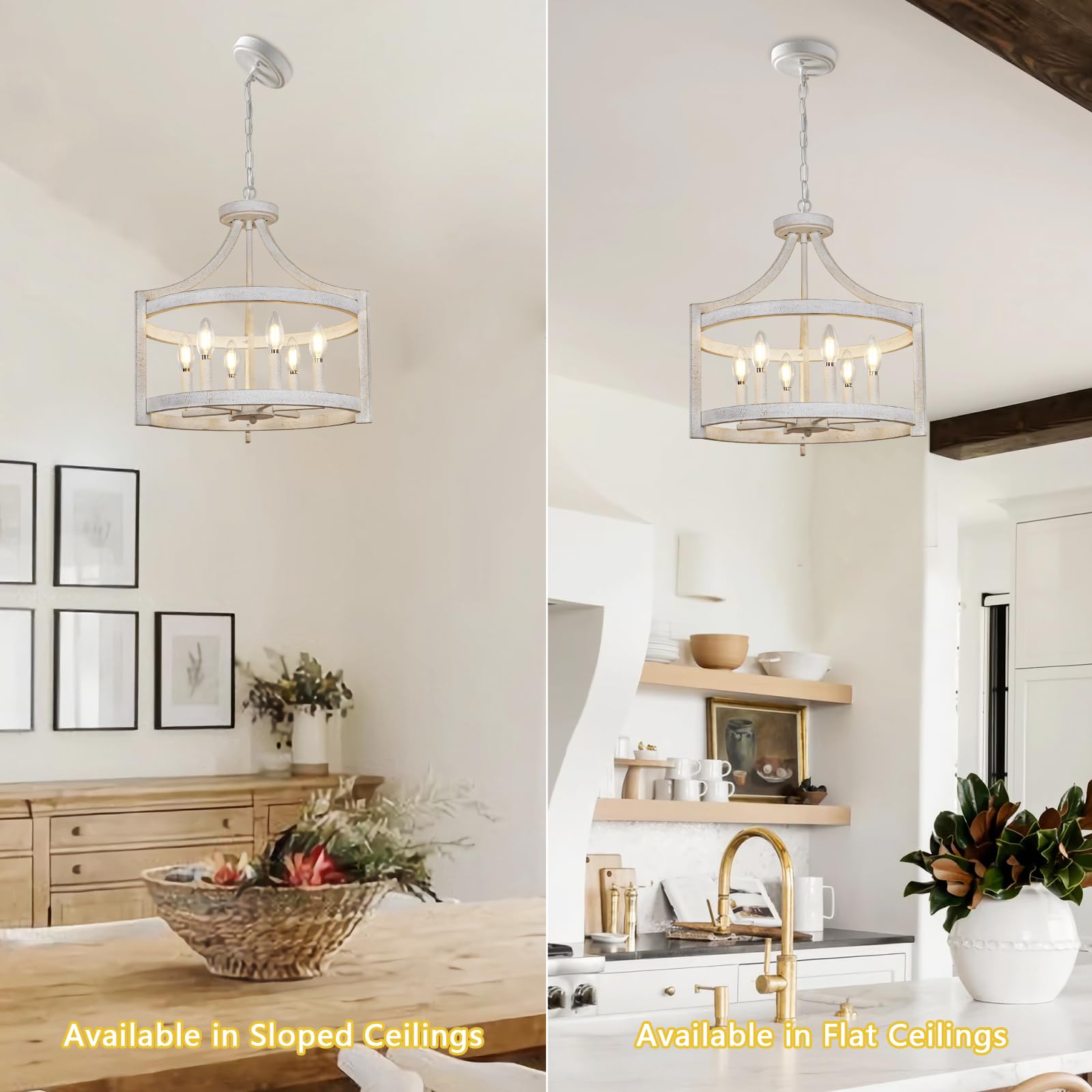 KMaiPem 6-Light Vintage White Farmhouse Chandelier, Metal Pendant Light Fixture for Dining Room, Entryway, Rustic Style