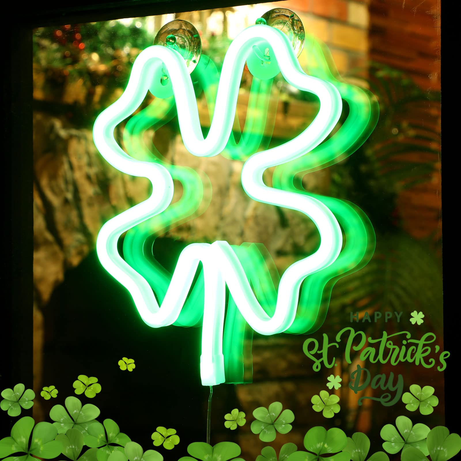 Nuanchu St. Patricks Day Window Decoration, Shamrock Window Lights Green Four Leaf Neon LED Light for St. Patricks Day Irish W