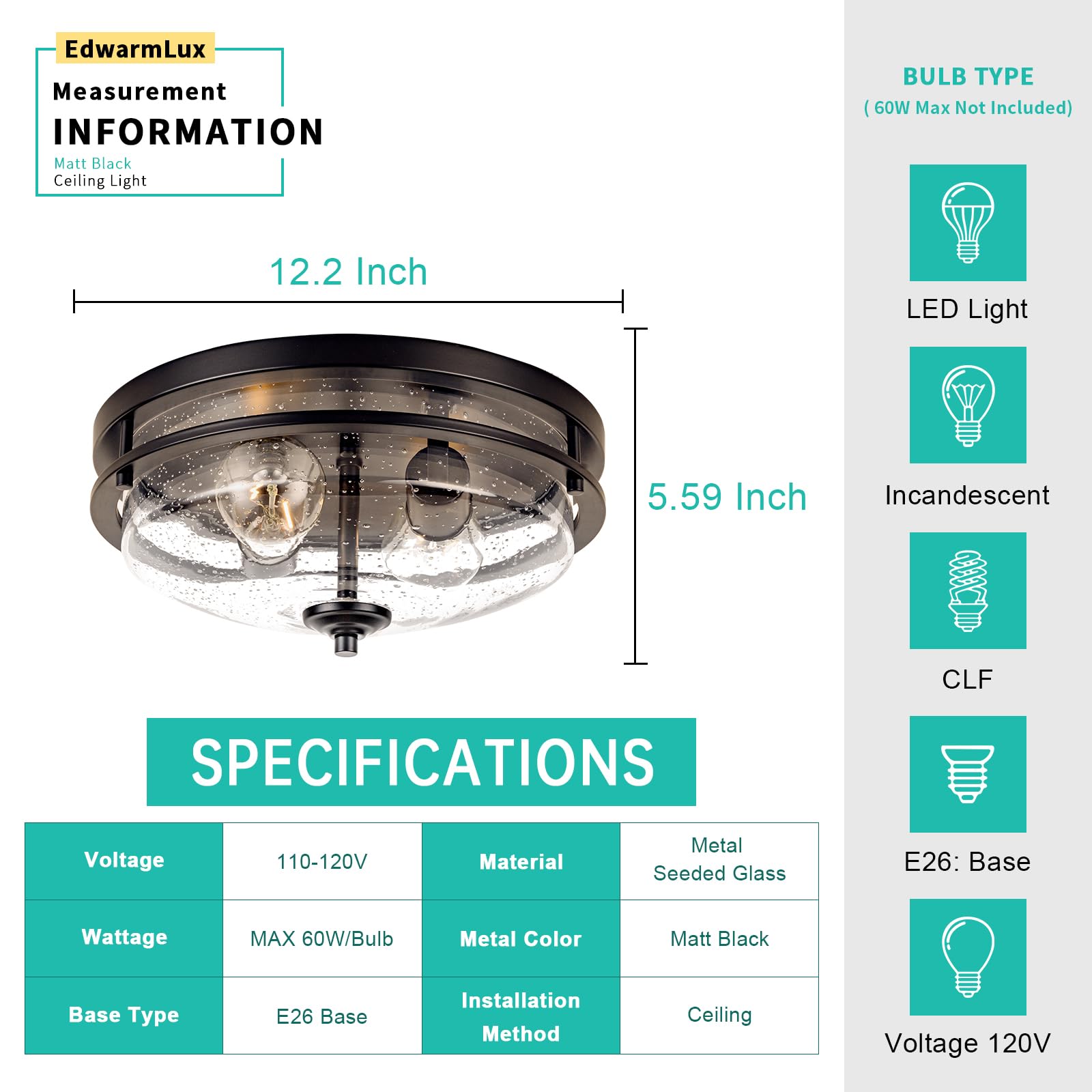 Edwarmlux Flush Mount Ceiling Lights, 2-Light Farmhouse Close To Ceiling Light, Industrial Ceiling Lighting Fixture For Kitchen Hallway Bedroom Living Room Stairways Porch (Black)