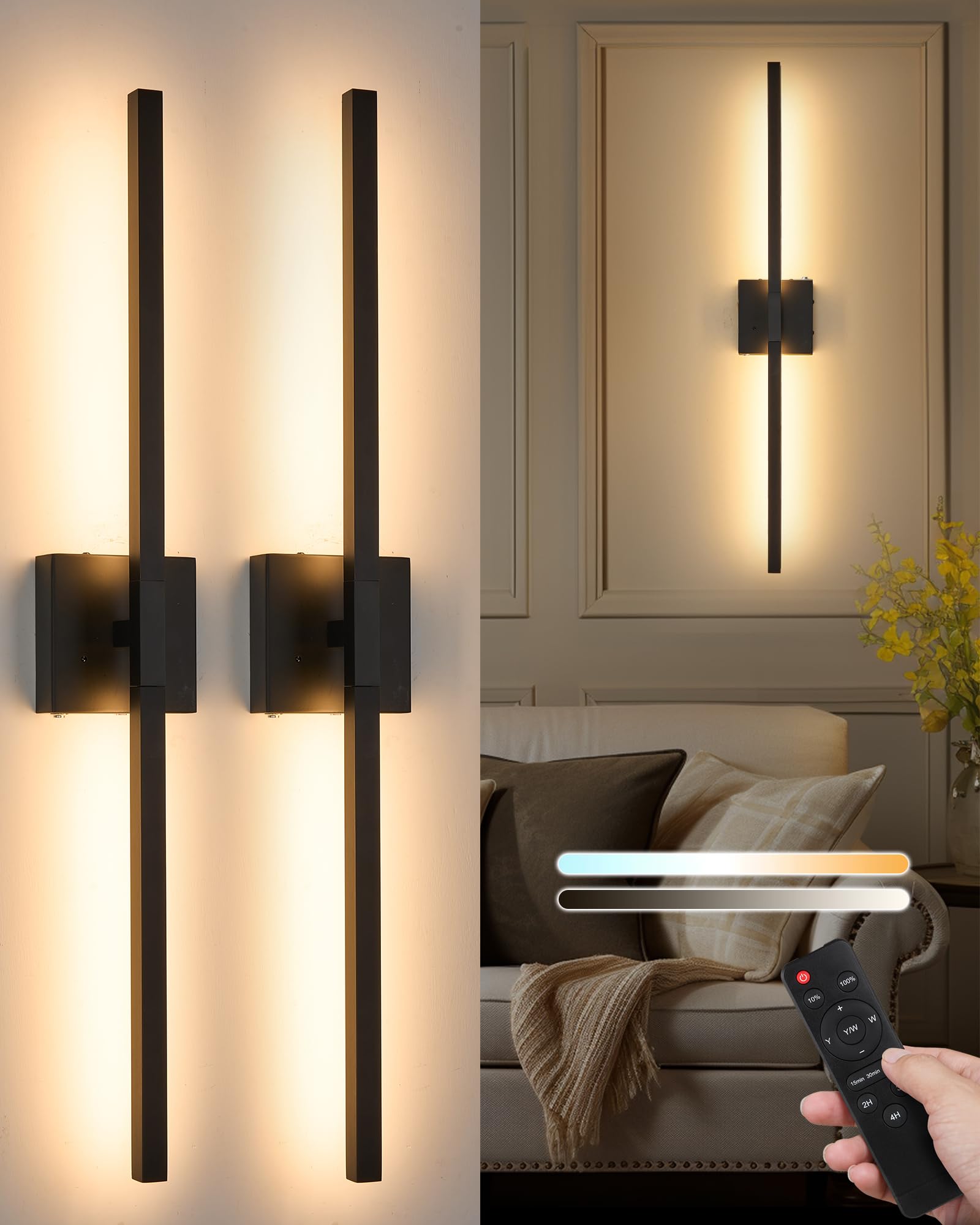Rayogale Wall Sconce Set of 2, 8000mAh Rechargeable, Dimmable LED, 3000K-6000K, 32 Inch, Black, Model WL