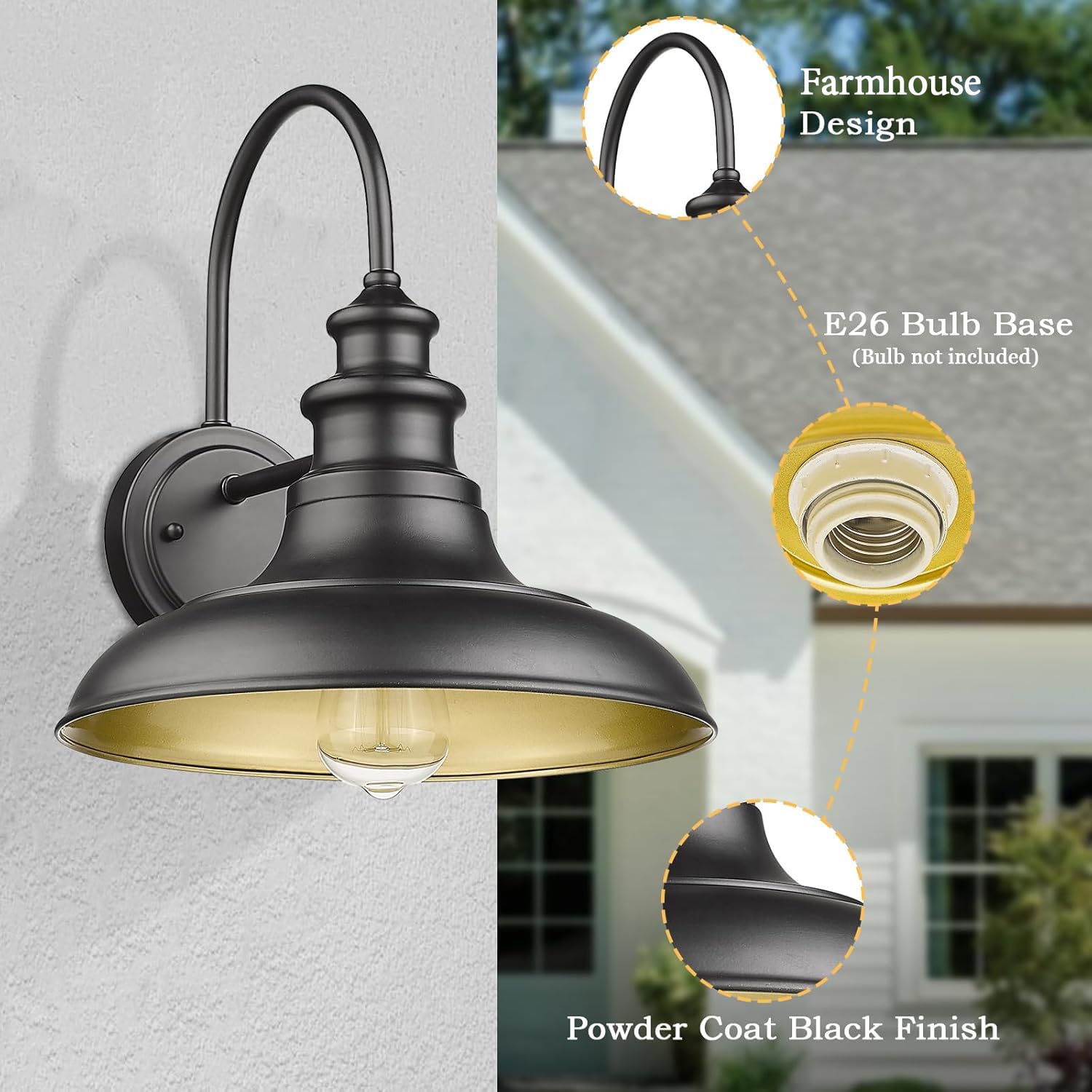 Diyel Outdoor Barn Light Fixture Farmhouse Wall Mount Light Gooseneck Wall Sconce Exterior Wall Lighting Fixture Industrial Black Finish Lantern For Porch With Gold Interior  4Pack  Rz004-4Pack Bk