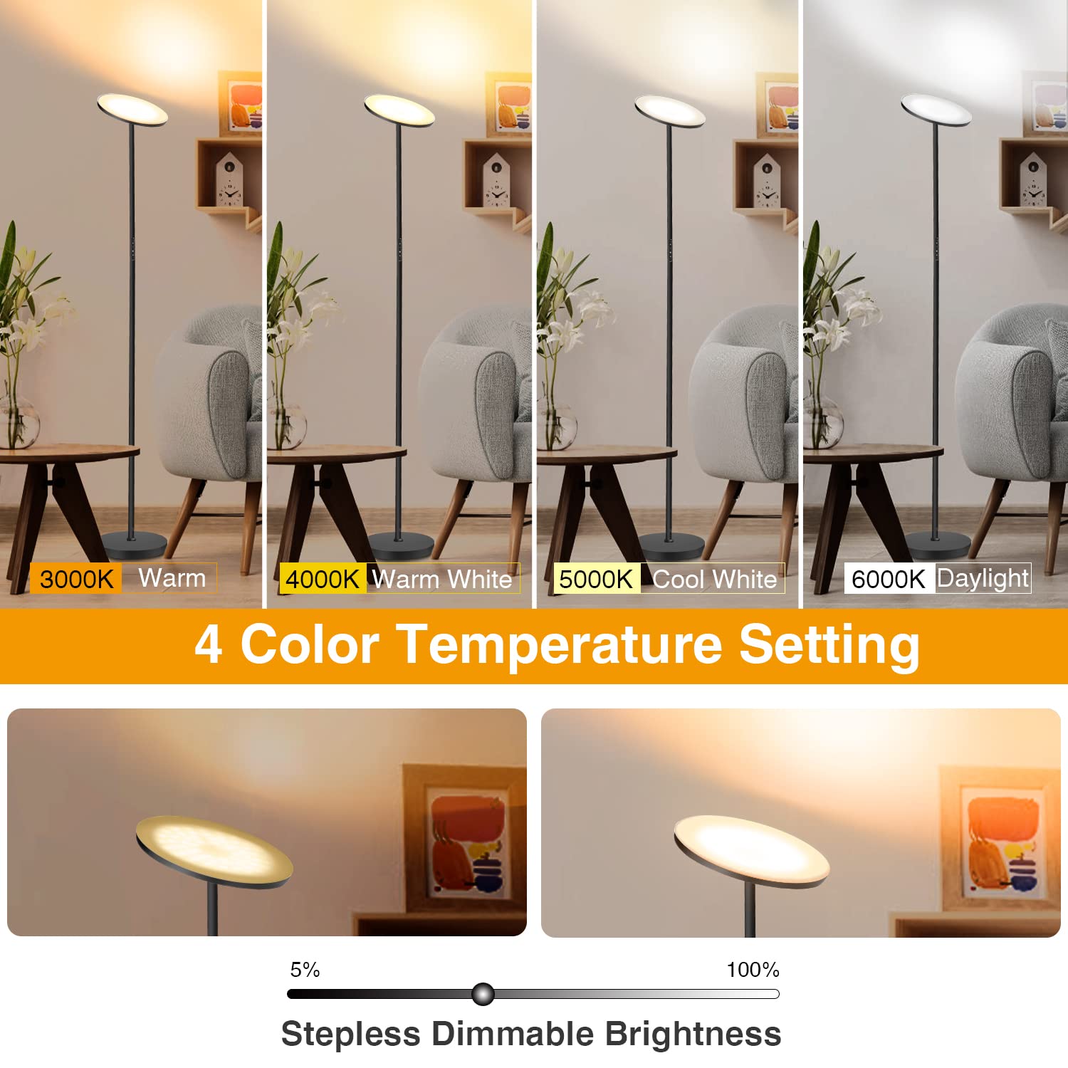 OUTON LED Floor Lamp, 30W/3000LM, Dimmable, 4 Color Temperatures, Remote Control, Black