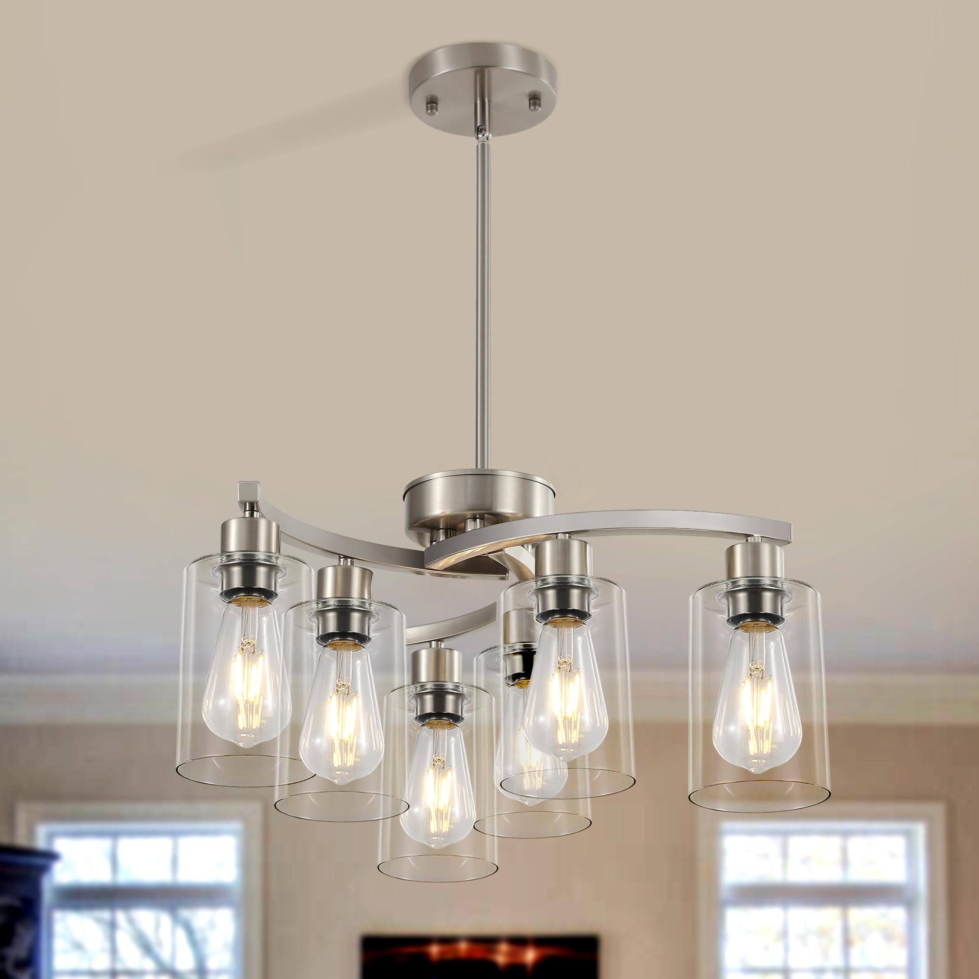Sigaitwei 6-Light Brushed Nickel Chandelier, 21.7" Metal Pendant Light Fixture for Dining Room, Kitchen Island, Downward Clear Glass Shade
