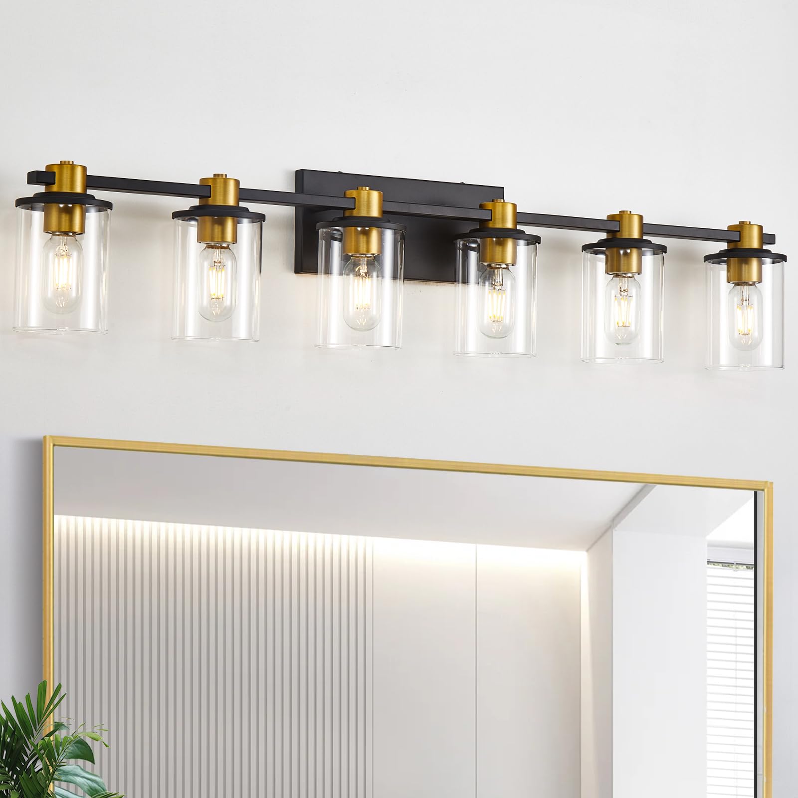 Stambord Bathroom Vanity Light, 6 Light Black and Gold Fixtures, Glass Shade, Model B50