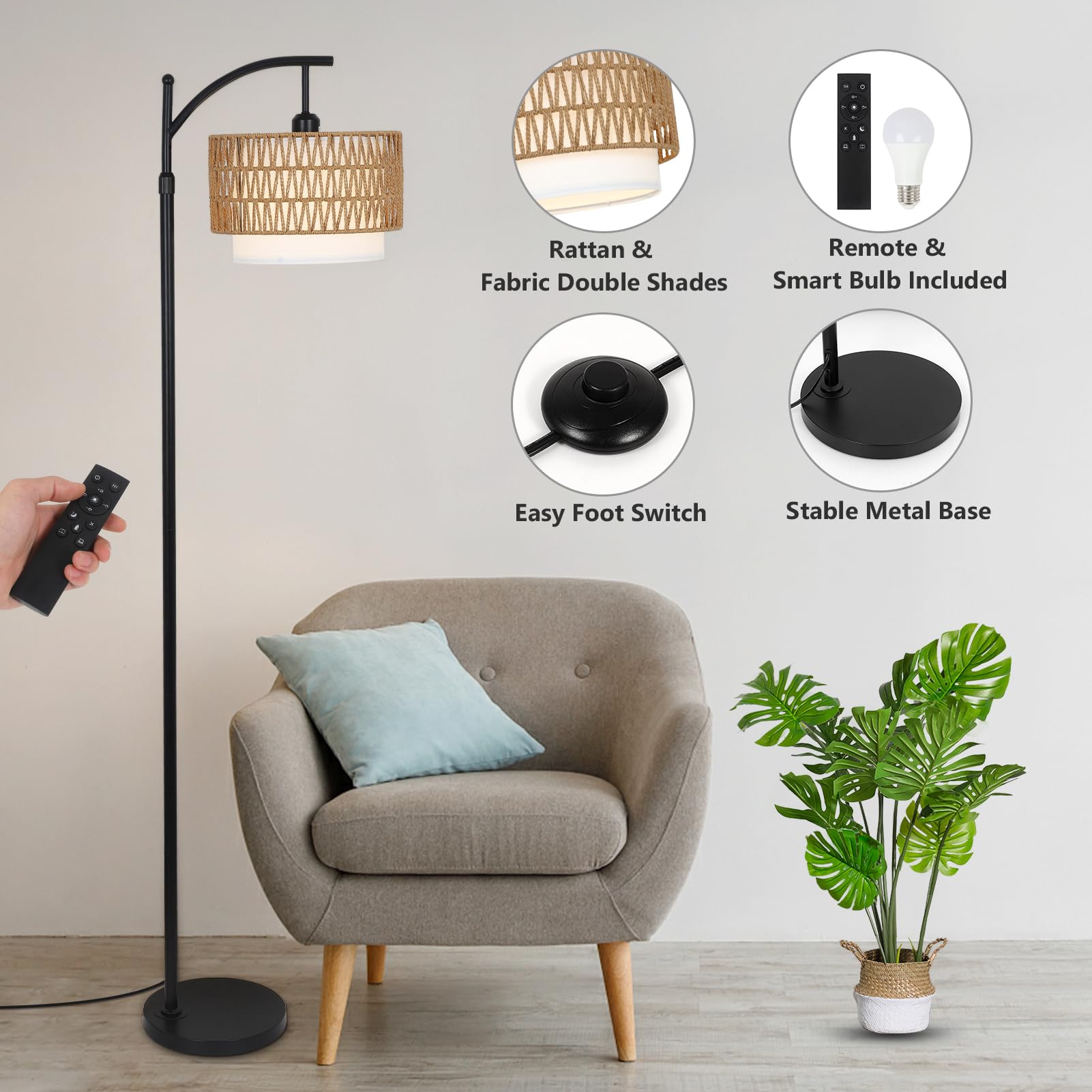 Arc Floor Lamp For Living Room With 3 Color Temperatures, Farmhouse Floor Lamps With Remote & Dimmable Bulb, Boho Standing Lamp