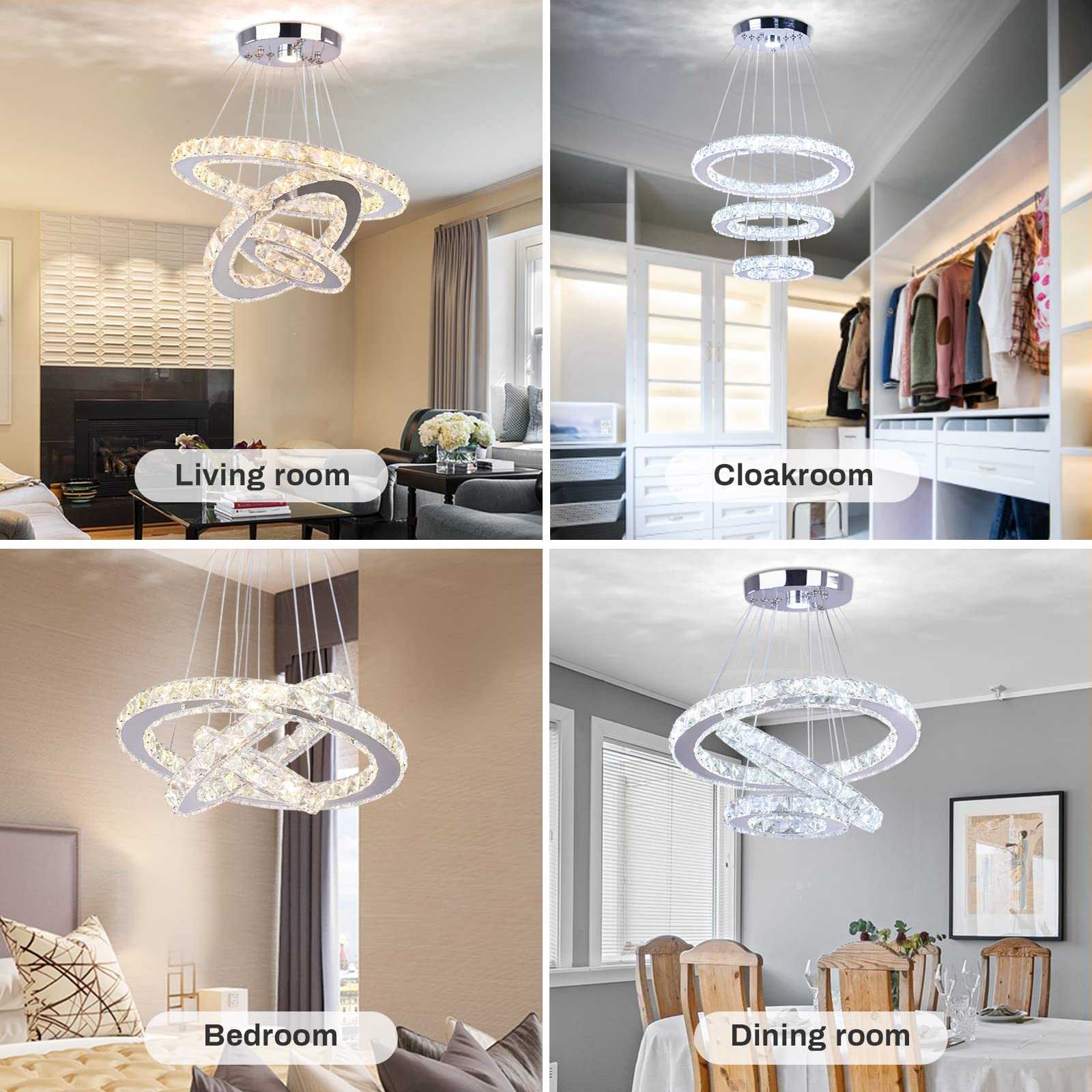Cainjiazh Modern Crystal LED Chandelier, 3 Rings Round Design, Adjustable Stainless Steel, 234Round-3 Colors