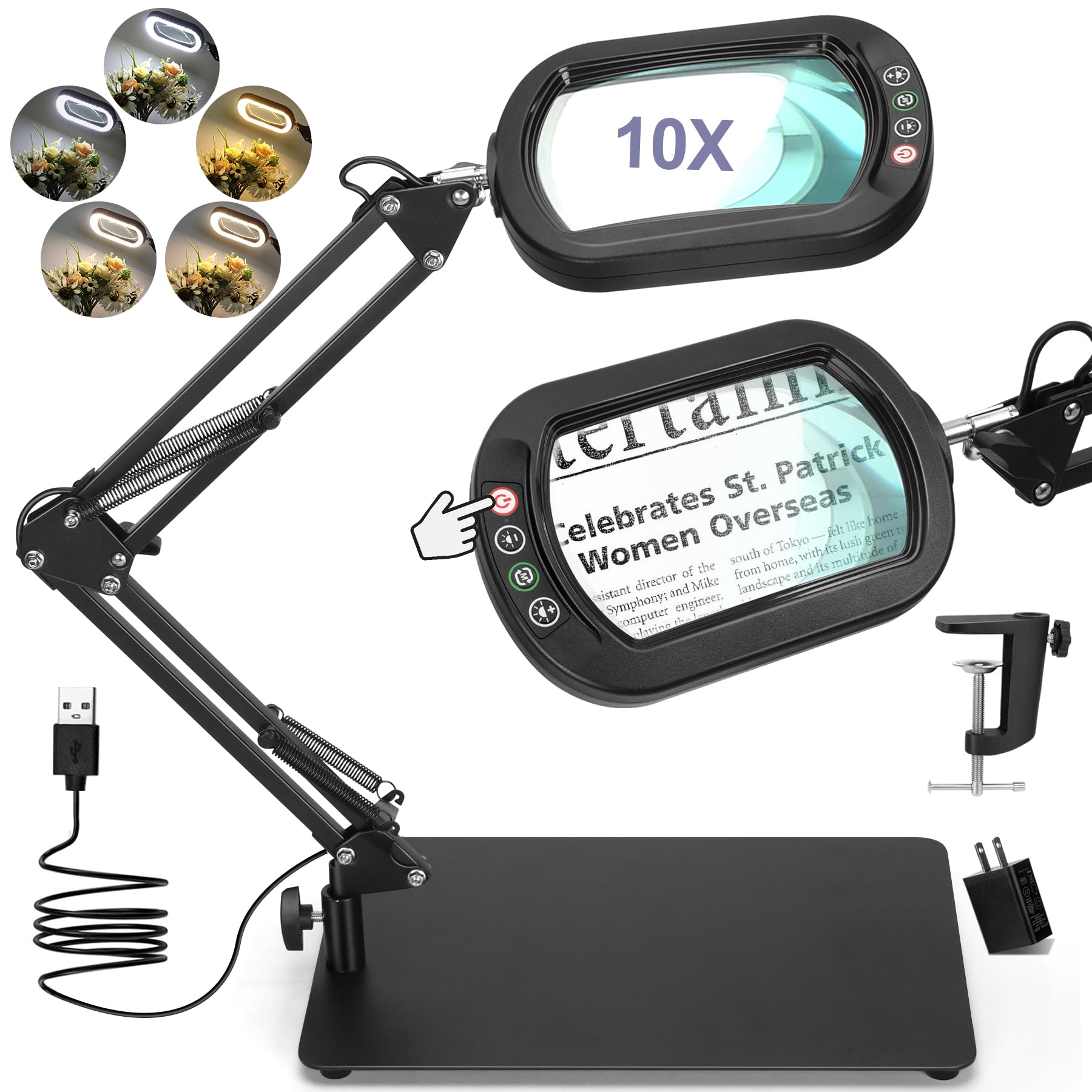 10X Square Magnifying Glass with Light and Stand, Real Glass LED Lighted Magnifier, 5 Color Modes Stepless Dimmable, Hands-Free 