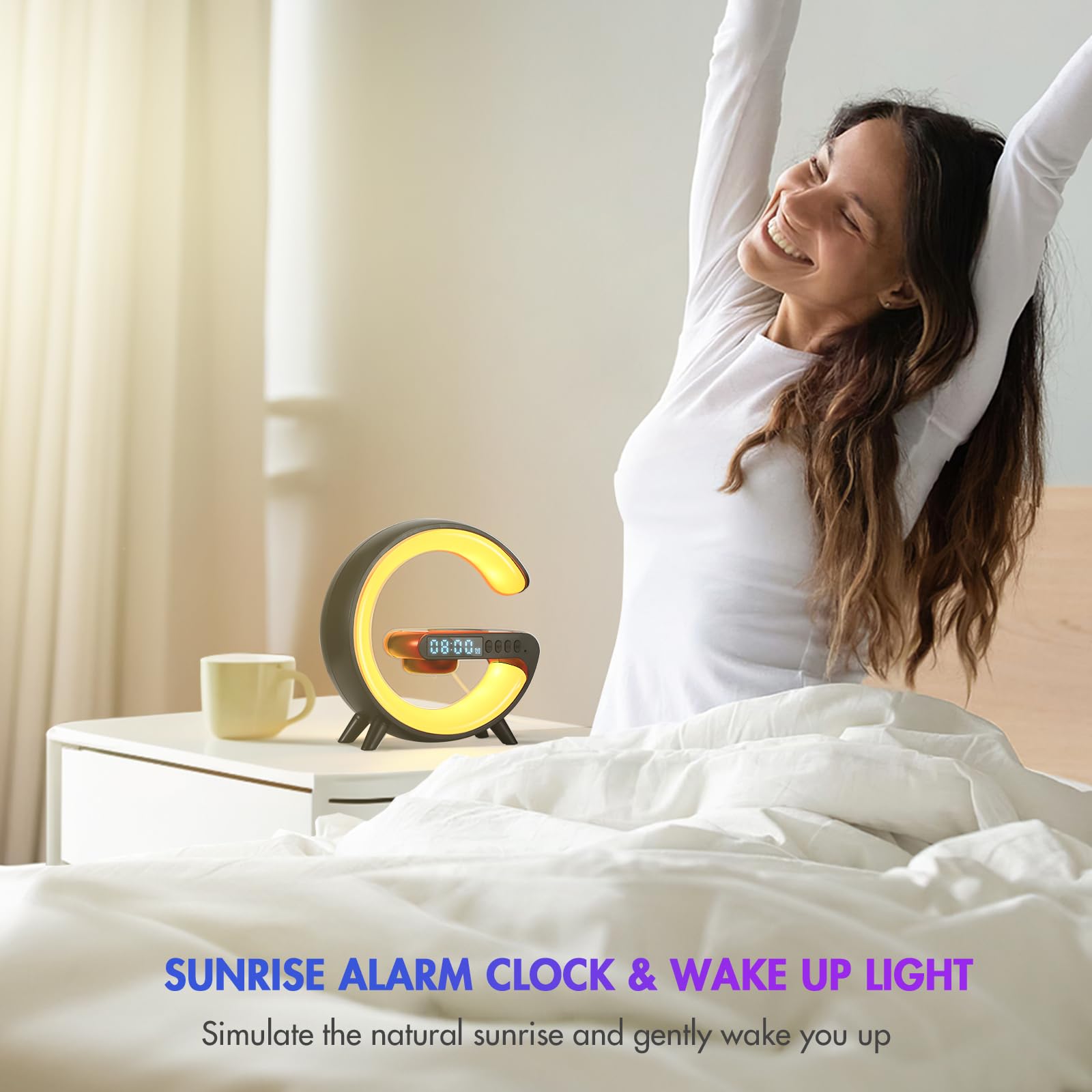 Wireless Charger Atmosphere Lamp, 2025 New Mini Led Table Lamp, Bluetooth Speaker, Dimmable Night Light Bedside Lamp Alarm Clock